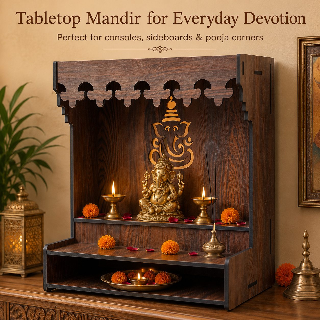 The Castle Decor Wooden Mandir for Home, Wall Hanging & Tabletop Pooja Temple with Ganesha Cutwork, 2-Tier Storage Shelf, Mandir for Pooja Room, Office, Hostel & Apartment, 13 x 15 x 8 Inch