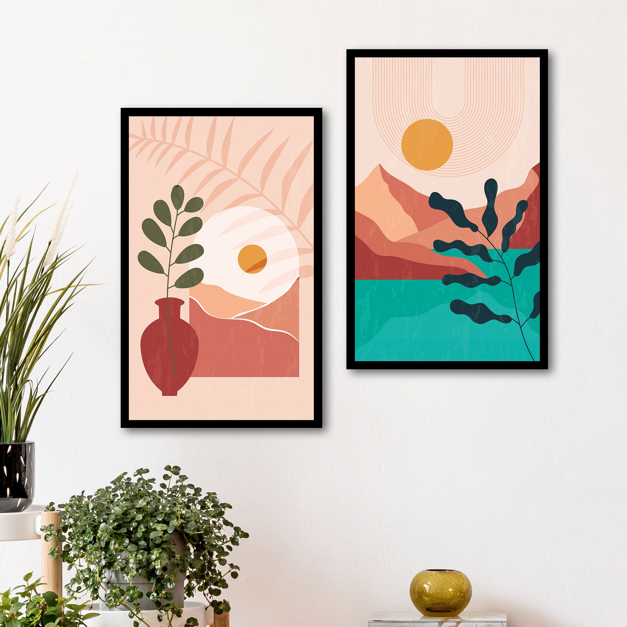 The Castle Decor Boho Wall Art for Living Room Big Size | Framed Abstract Botanical Paintings for Living Room & Bedroom | Modern Home Decoration & Perfect Gifting Option | Set of 2 (11×17 Inch Each)1