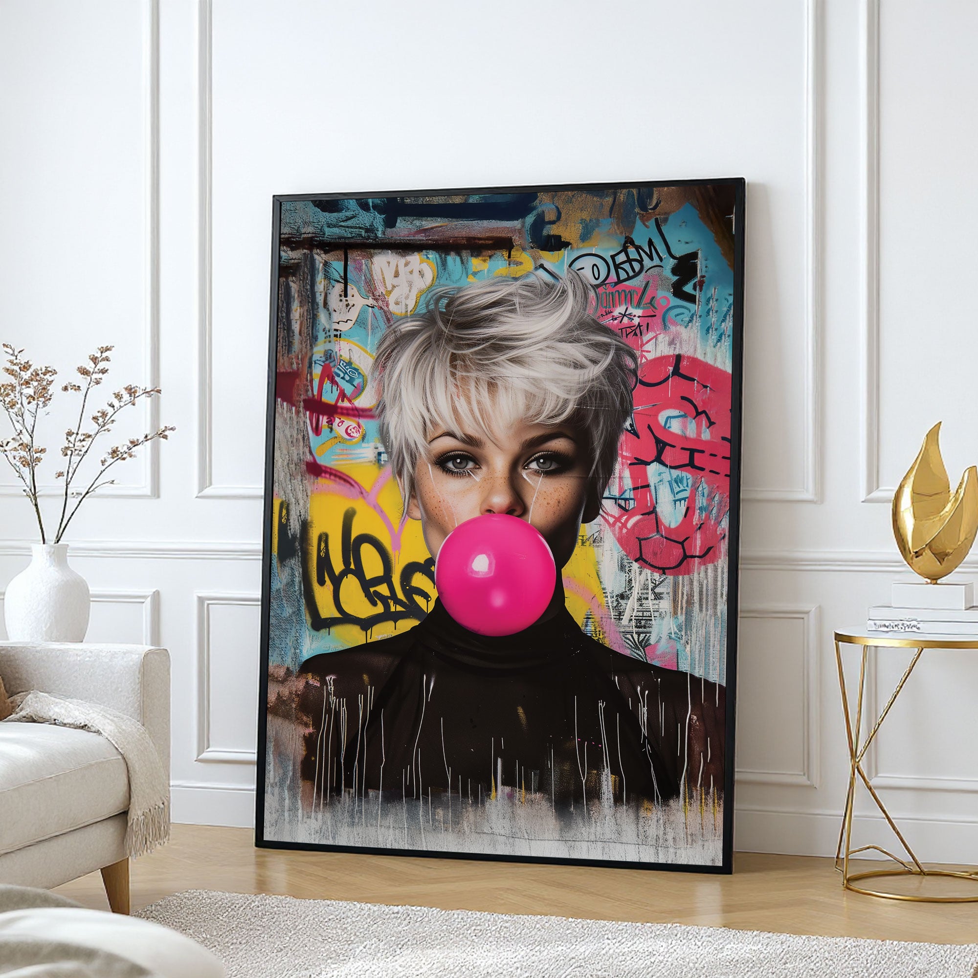 The Castle Decor Modern Pop Art Girl Wall Poster, Bubblegum Street Style Portrait Artwork with Premium Sparkle Finish, 20×30 Inch Wall Décor for Studio & Living Room
