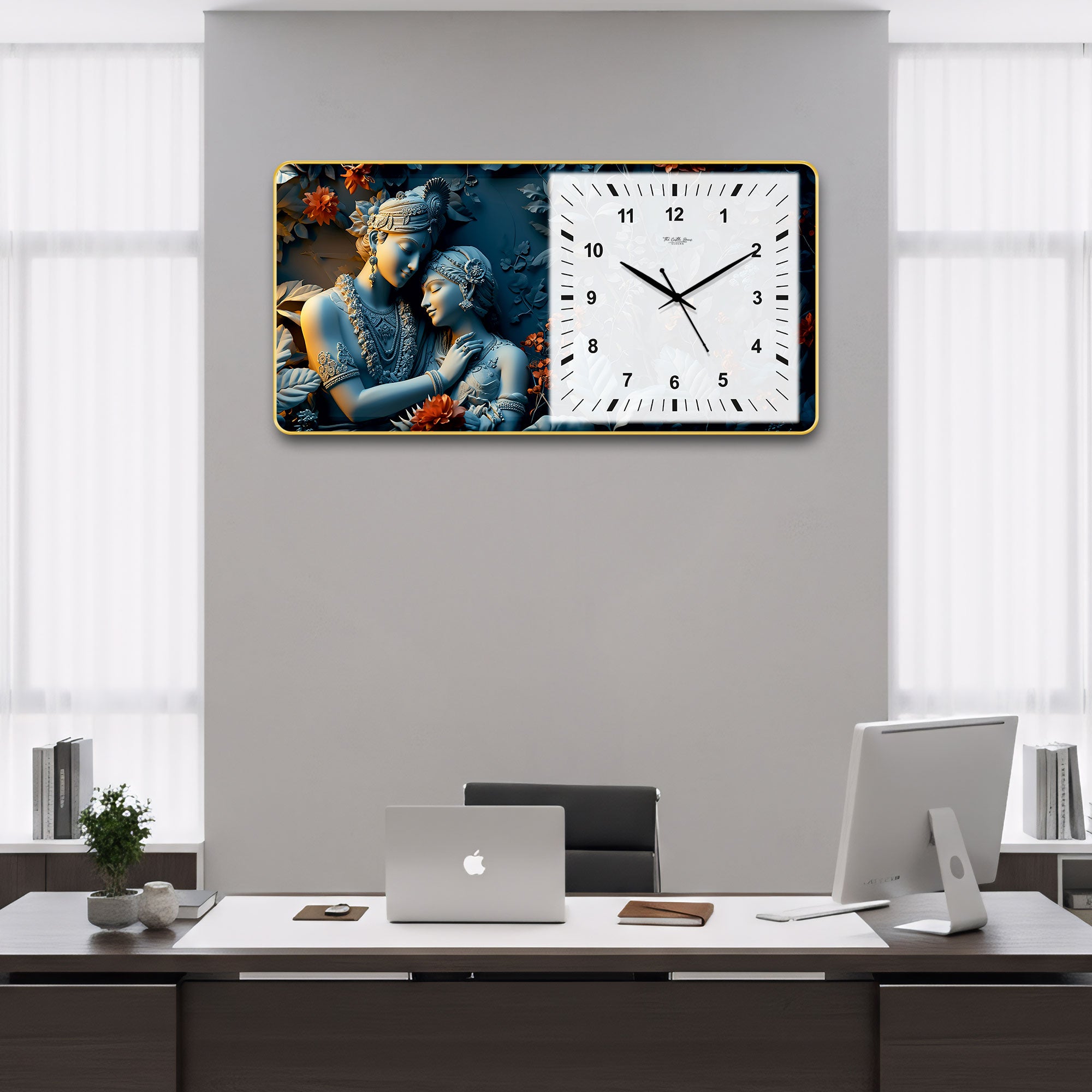 The Castle Decor Radha Krishna Decorative Wall Clock 24x12 Inch, Silent Sweep Non-Ticking Modern Wall Clock with Golden Slim Frame