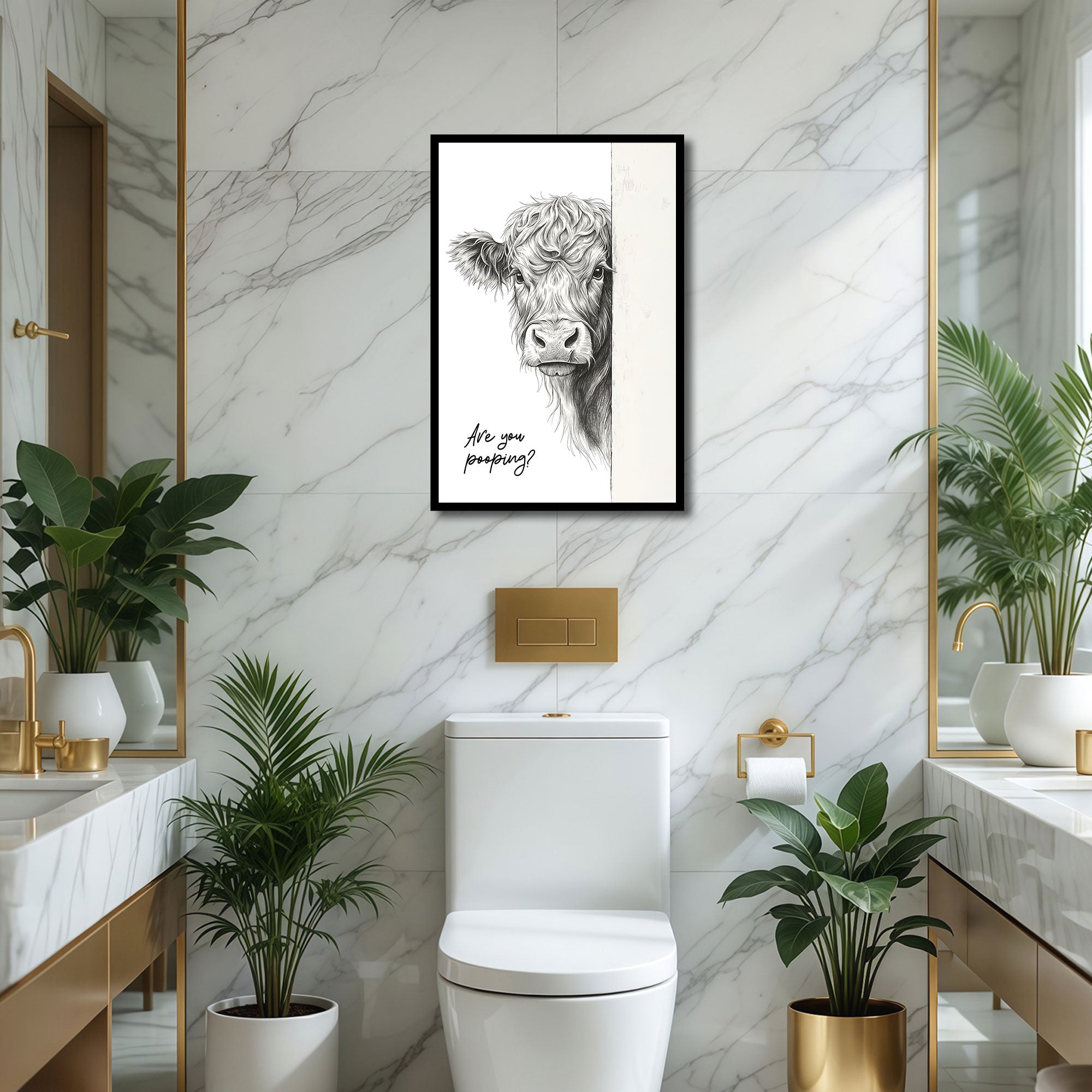 The Castle Decor Funny Highland Cow Peeking Are You Pooping Framed Wall Art – Rustic Farmhouse Animal Sketch Framed Poster, Humorous Country Bathroom Restroom Decor