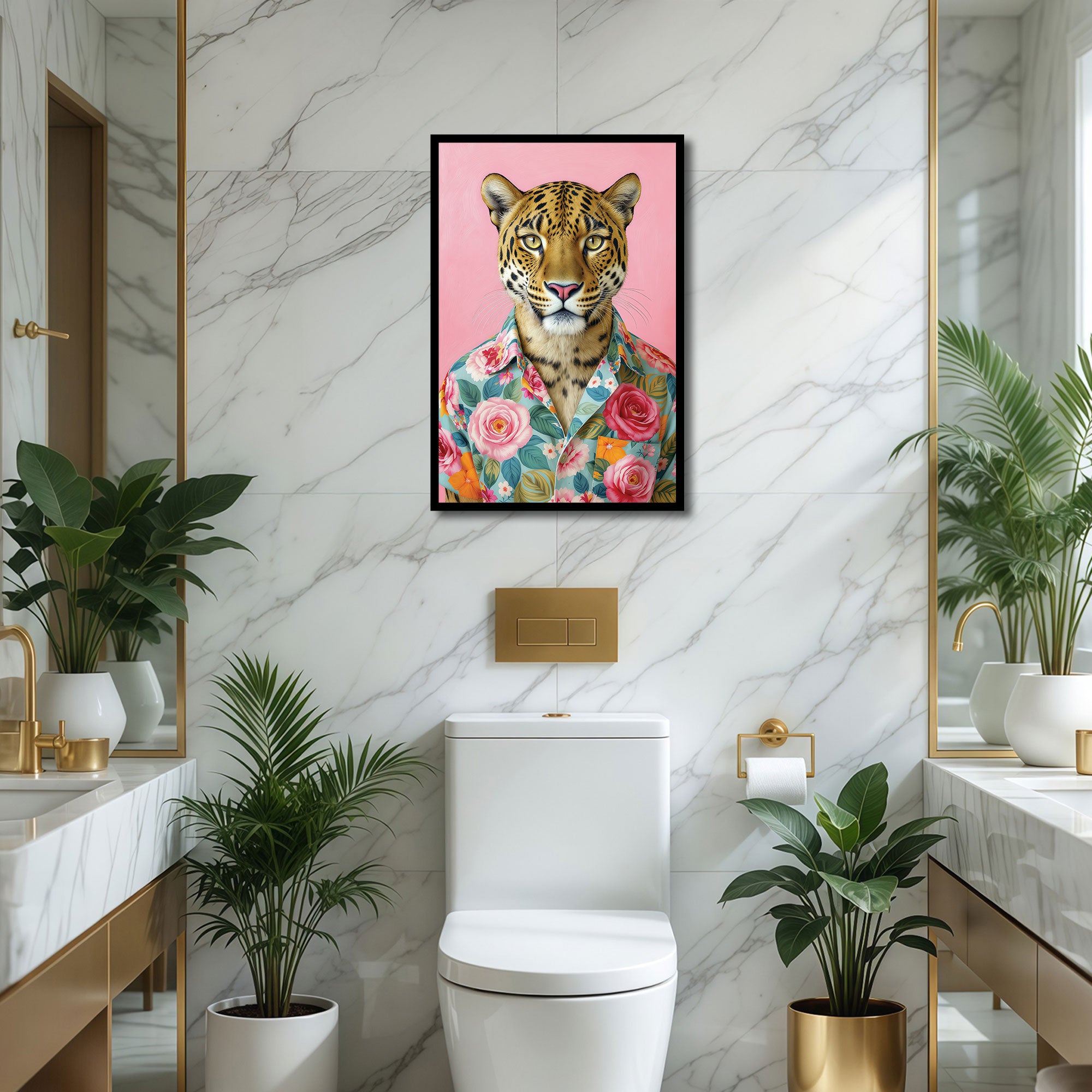 The Castle Decor Stylish Leopard in Floral Hawaiian Shirt Framed Wall Art – Cool Jungle Wild Cat Portrait Framed Poster, Vibrant Pink Bathroom & Living Room Wall Decor