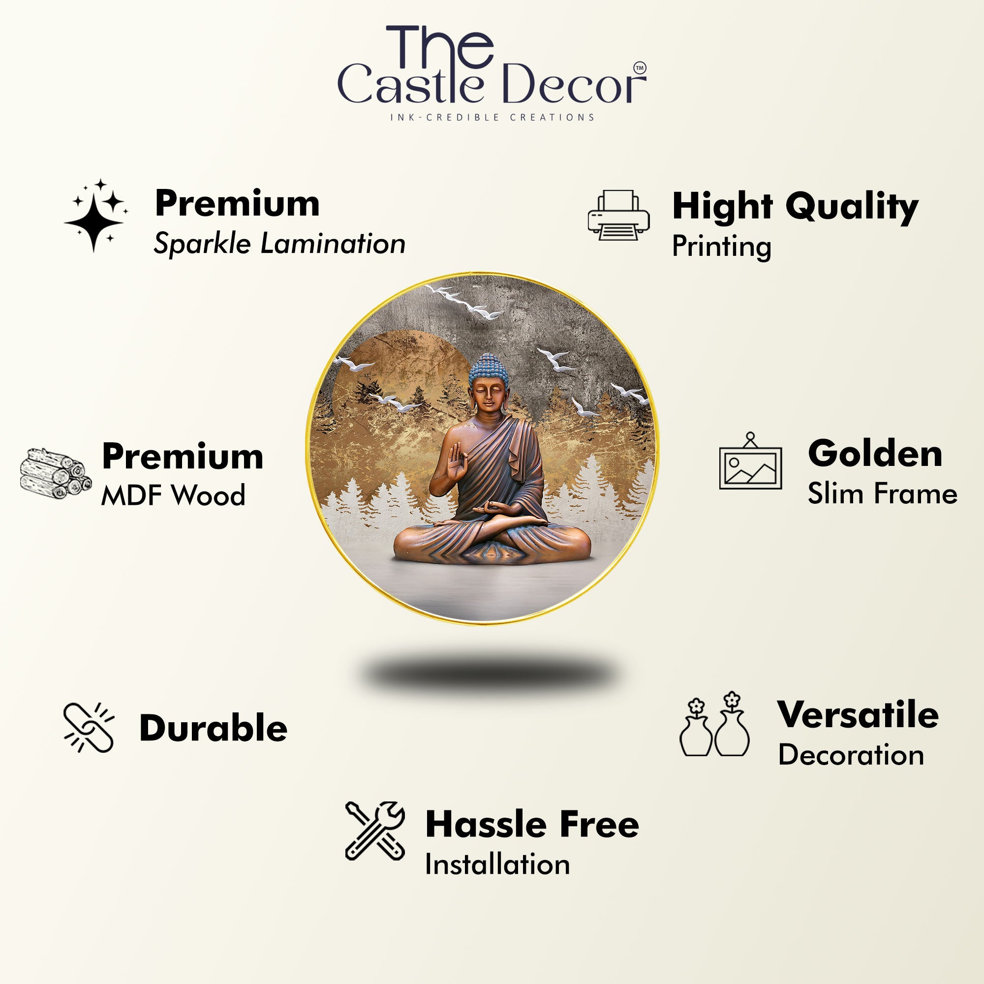 The Castle Decor Buddha Round Wall Art | Slim Golden Frame Peaceful Meditation Painting for Home, Living Room, Bedroom, Office & Gift Décor