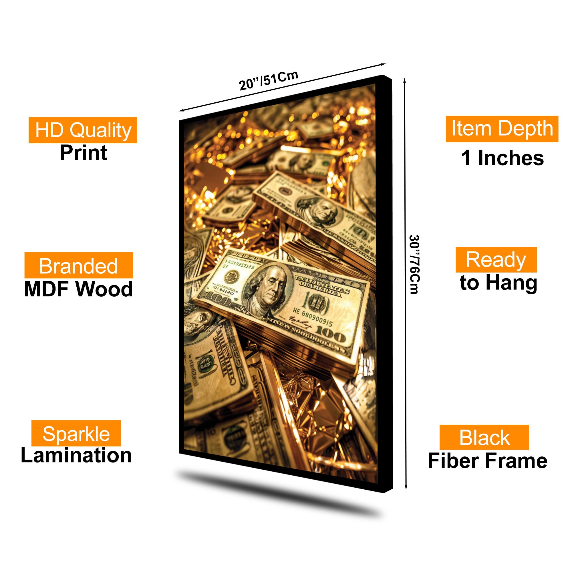 The Castle Decor Luxury Money Wall Art | Gold Bars & Dollar Stacks Modern Painting | Premium Big Size Framed for Living Room, Office & Hotels | Wealth & Prosperity Wall Decoration (20x30 Inches)