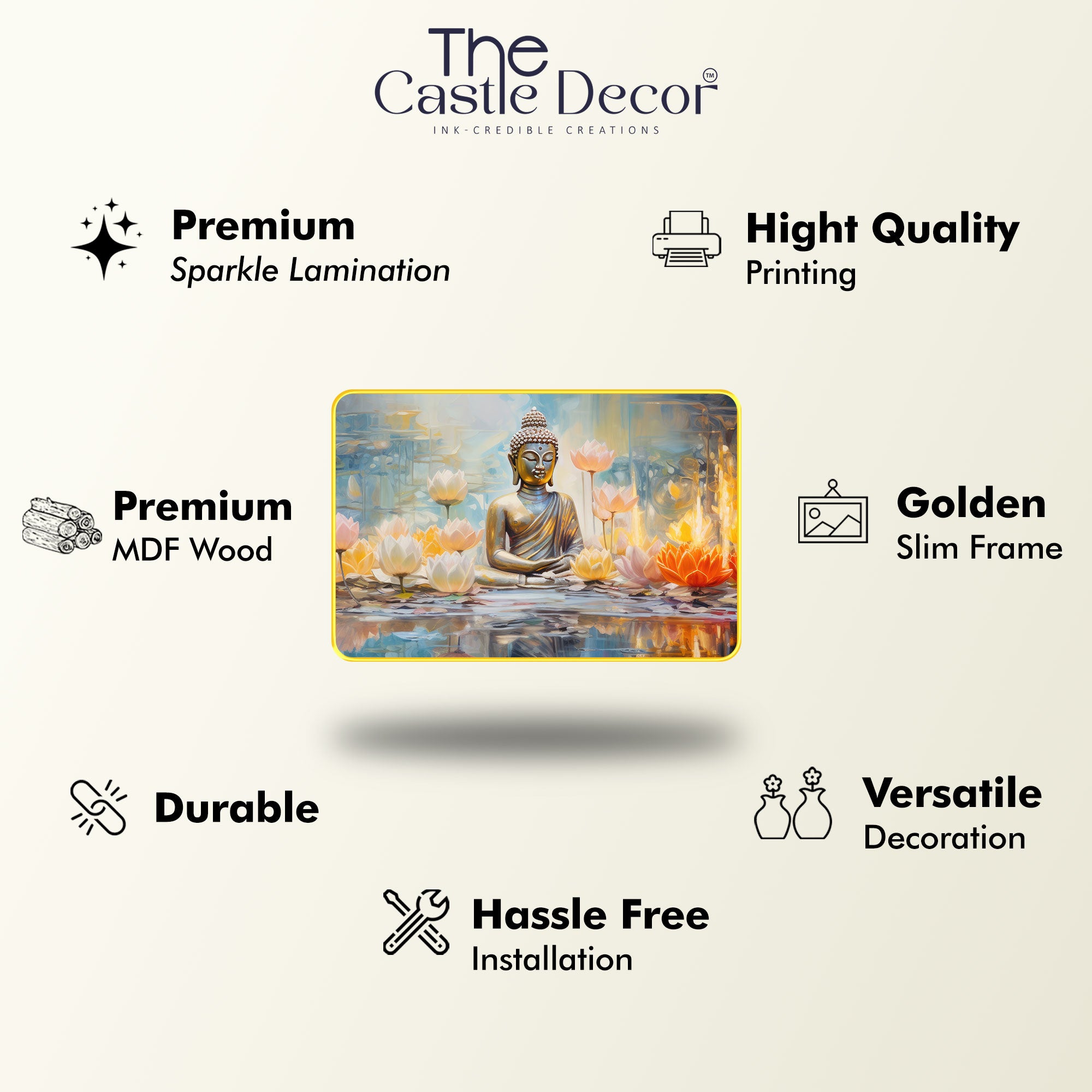 The Castle Decor Lord Buddha Wall Art Painting with Wooden Frame | Vastu Spiritual Meditation Décor for Living Room, Bedroom, Office & Hotel | Gift Option