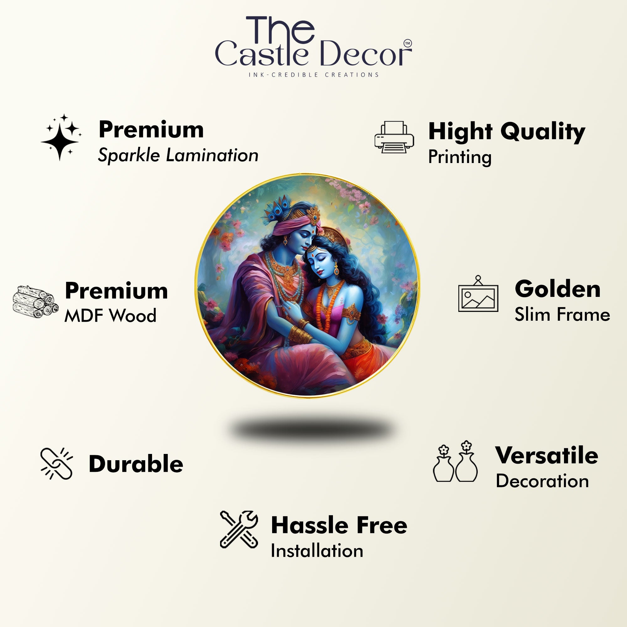 The Castle Decor Radha Krishna Ji Wall Hanging Round | Elegant Golden Frame Spiritual Love Artwork for Home, Hotel, Office & Gift Decoration