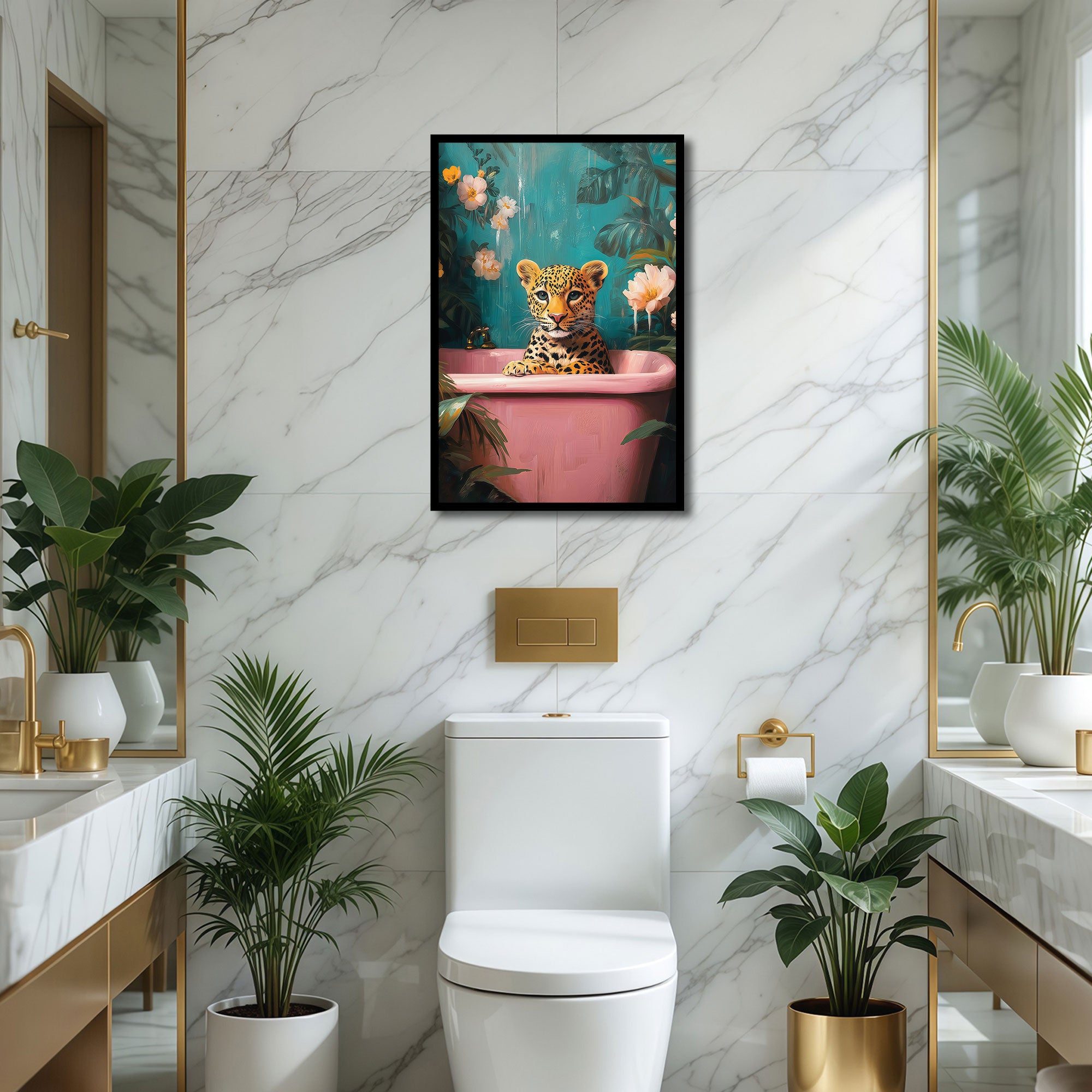 The Castle Decor Cute Leopard in Pink Bathtub Framed Wall Art – Funny Animal Bathroom Decor, Quirky Jungle Wild Cat Framed Poster for Restroom & Powder Room, Humorous Home Decor