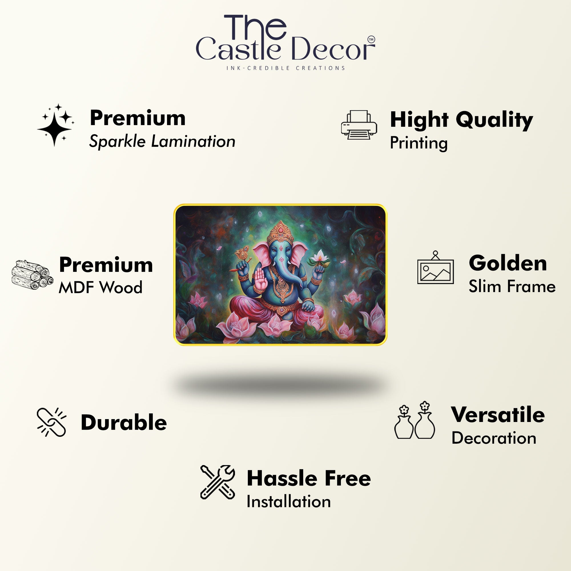 The Castle Decor Lord Ganesha Wall Art Painting with Wooden Frame | Spiritual Hindu God Décor for Living Room, Bedroom, Temple & Office | Auspicious Gift Option