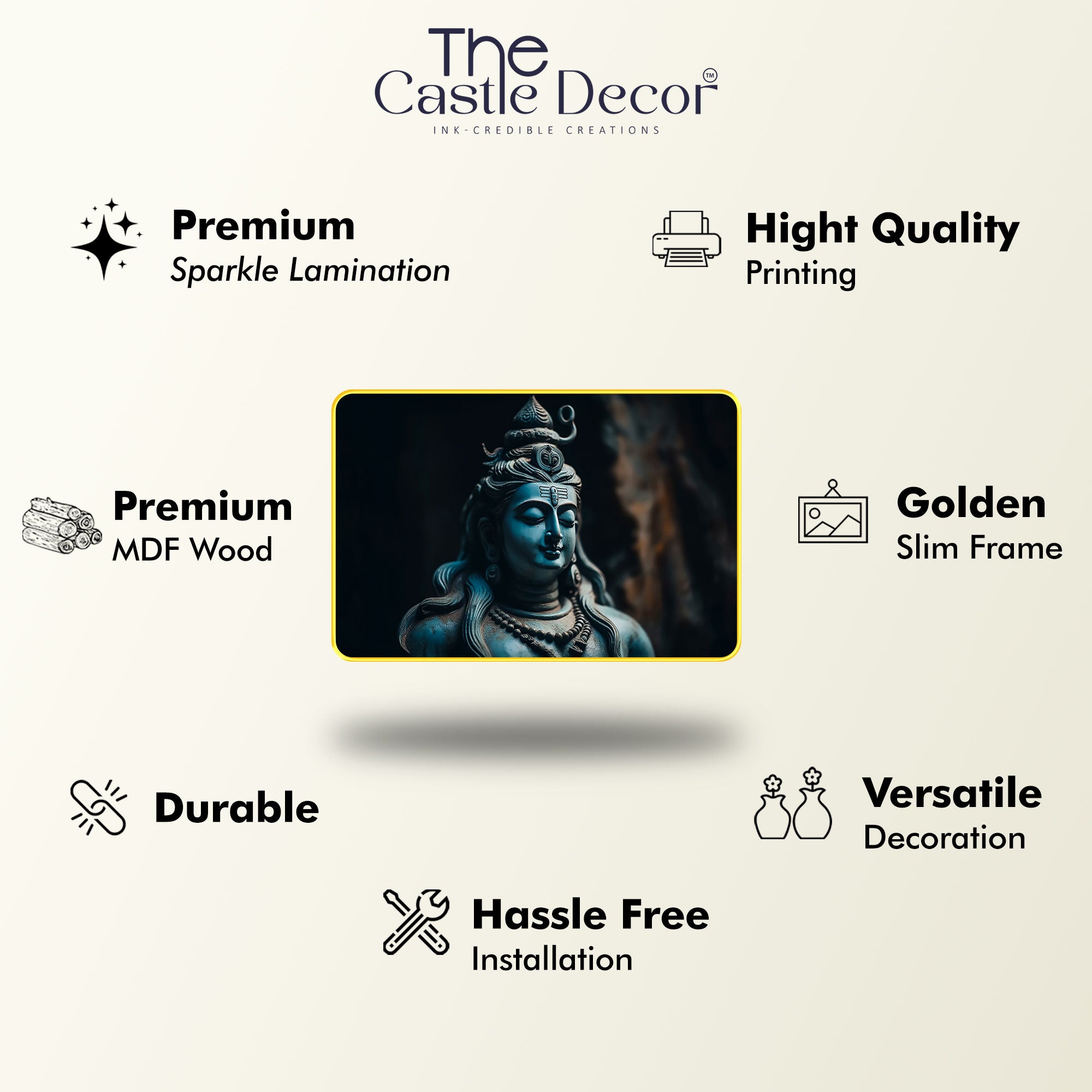 The Castle Decor Lord Shiva Wall Art Painting | Spiritual Wooden Frame for Home, Living Room, Office & Hotel Decoration