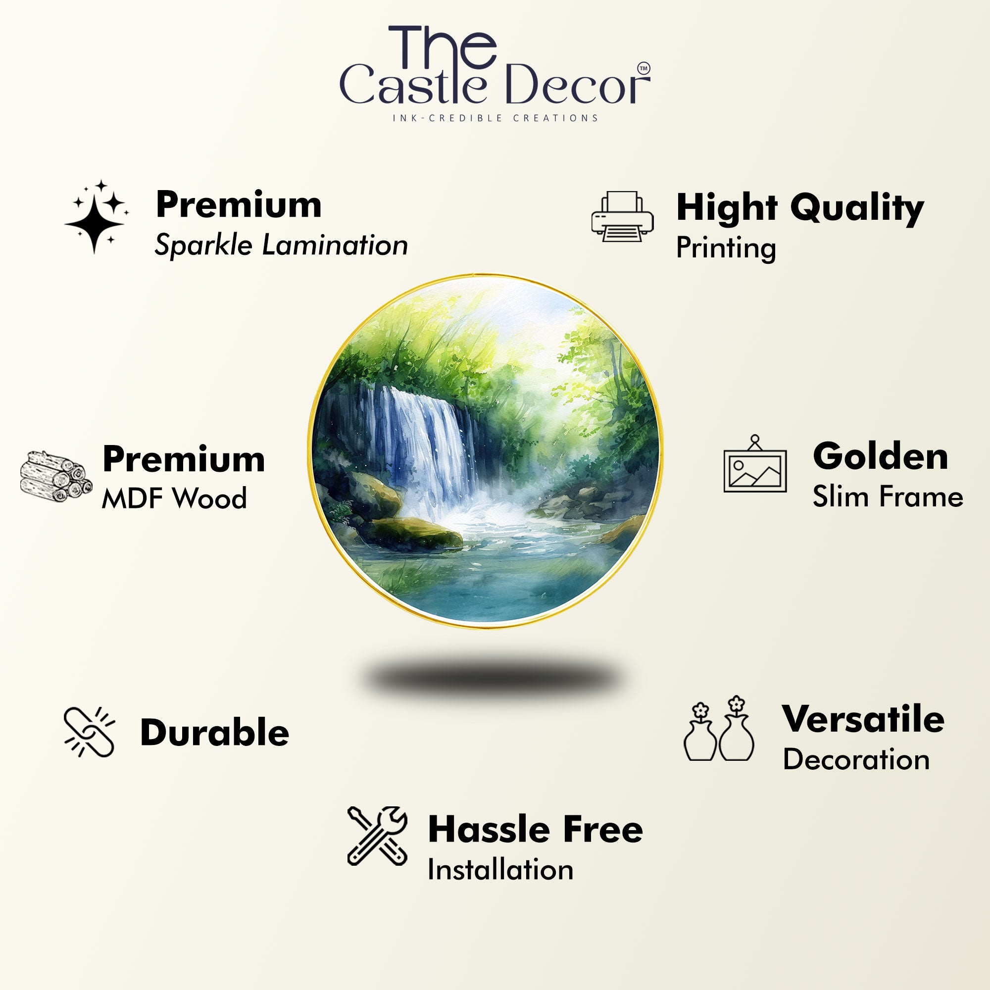 The Castle Decor Waterfall Round Wall Art | Vastu Nature Golden Frame Painting for Home, Bedroom & Gift Decoration