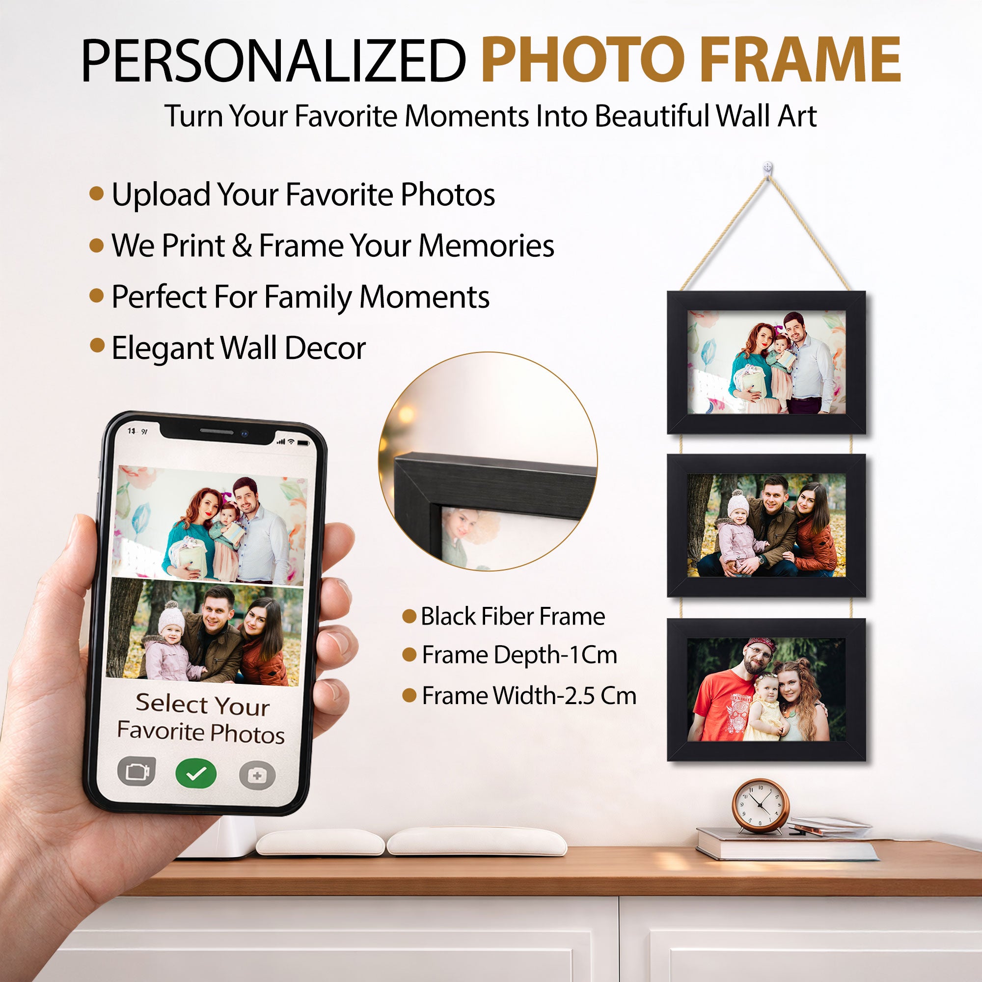 Personalised 3 Photo Hanging Frame with Jute Rope – 6×8 Inch Each