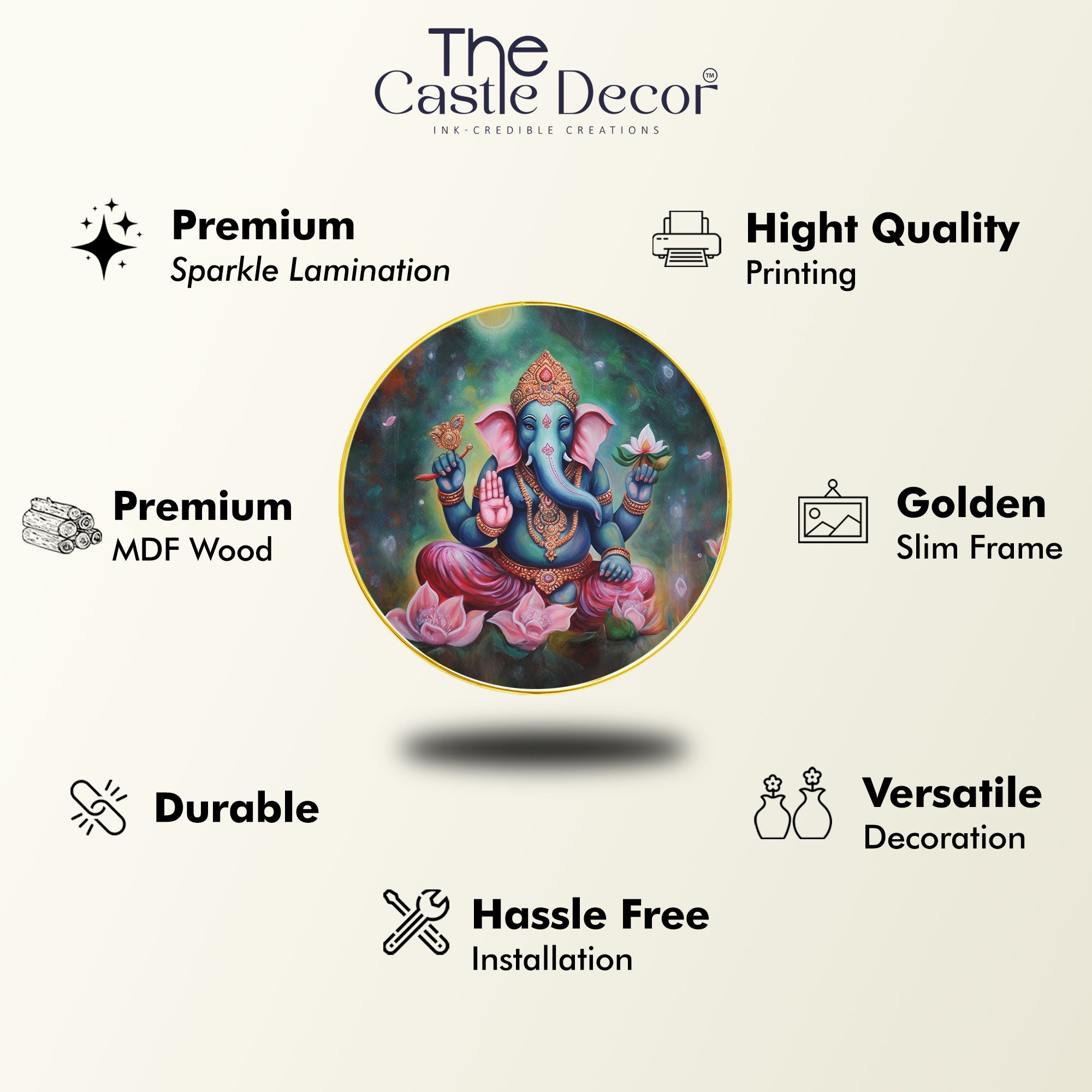 The Castle Decor Ganesha Round Wall Art Inch | Golden Slim Frame Decorative Painting for Home, Living Room, Bedroom, Office, Hotel & Gift Option