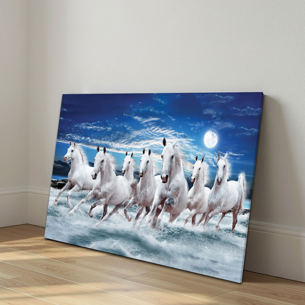 The Castle Decor 7 Running White Horses Wall Painting, Sunrise Sunset Theme, Vastu Wall Art for Living Room, Office, Bedroom Decor 16x24 1006