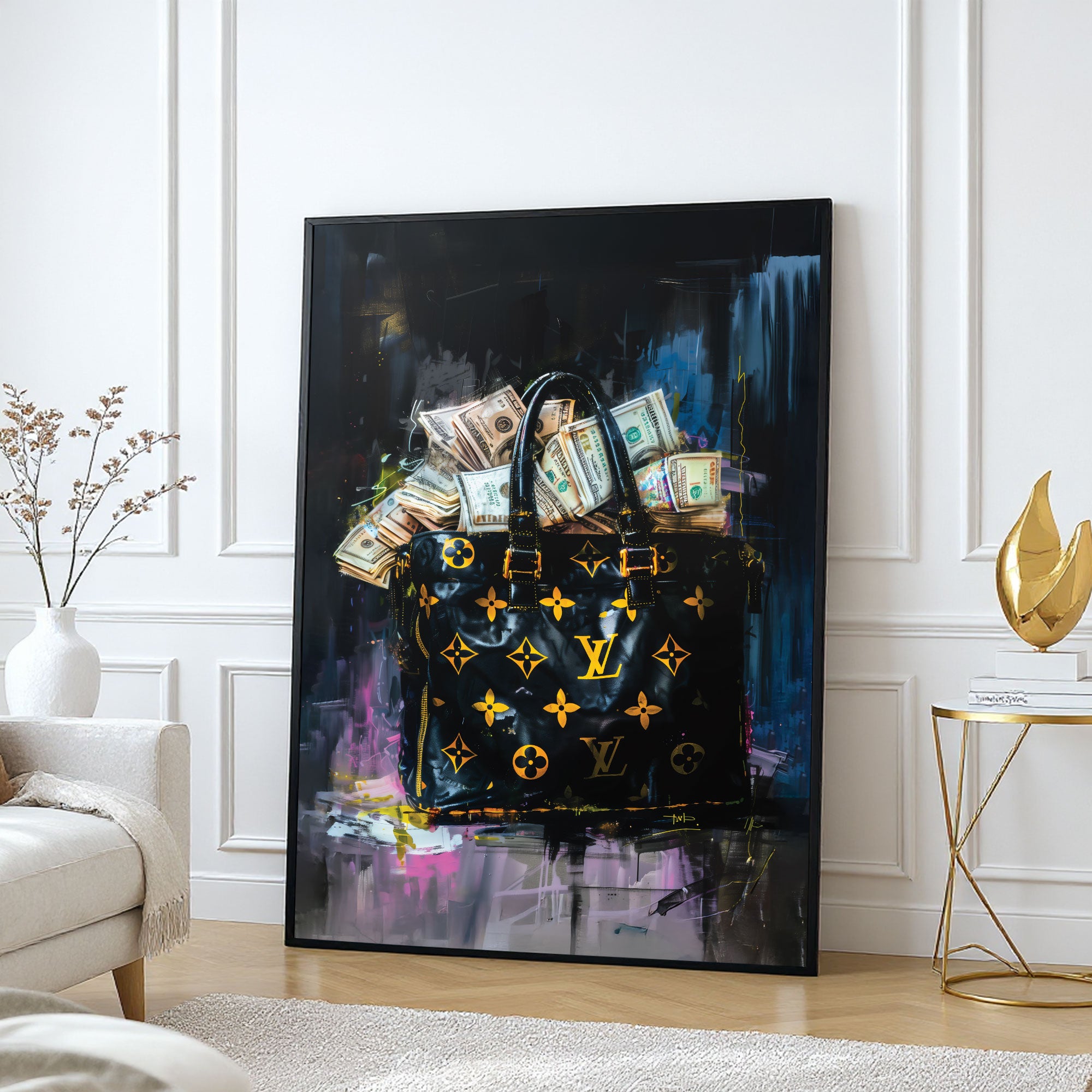 The Castle Decor Luxury Money Bag Wall Art Poster, Designer Fashion Inspired Wealth Abstract Artwork with Premium Sparkle Finish, 20×30 Inch Wall Décor for Office & Man Cave