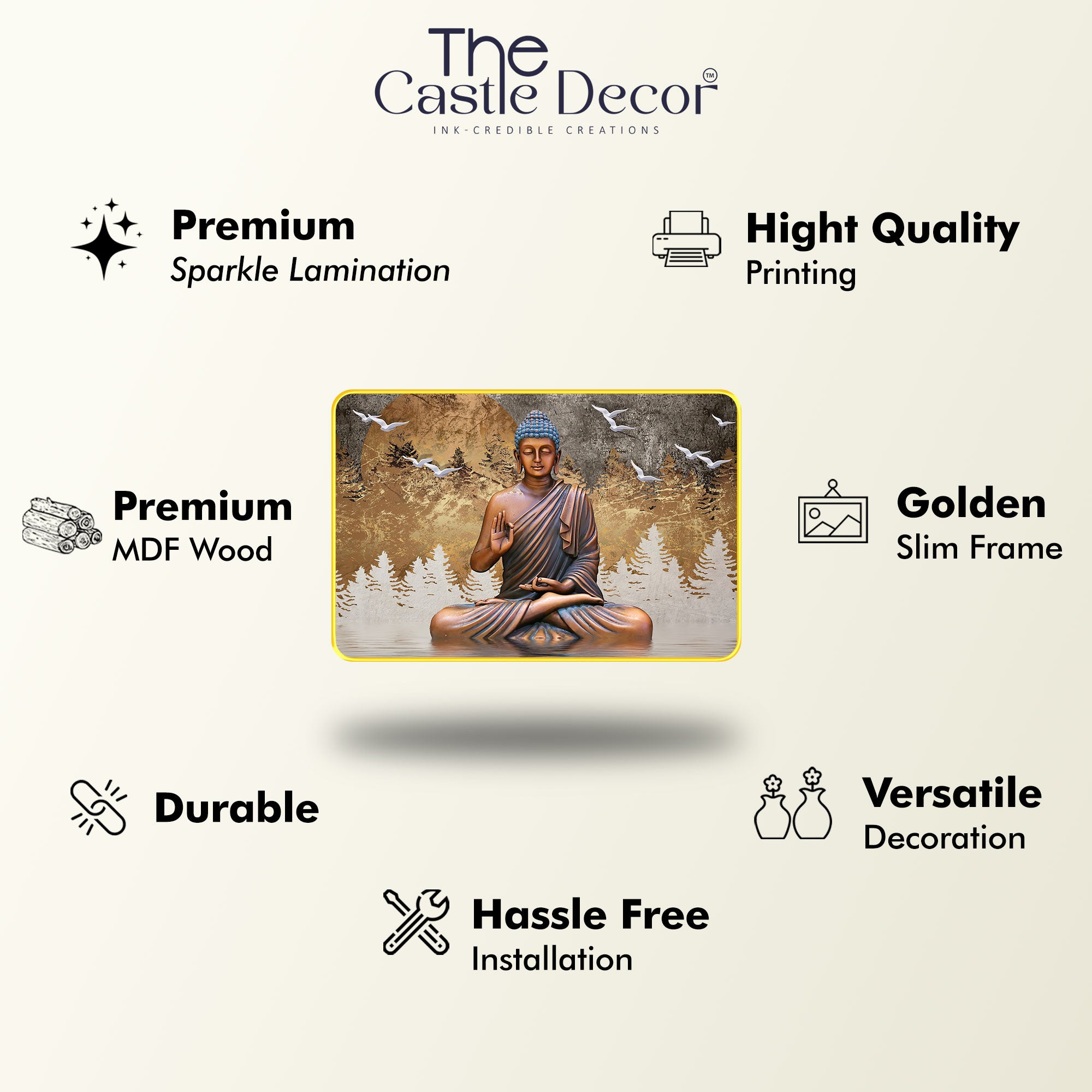 The Castle Decor Lord Buddha Wall Art Painting with Wooden Frame | Vastu Spiritual Meditation Décor for Living Room, Bedroom, Office & Hotel | Gift Option