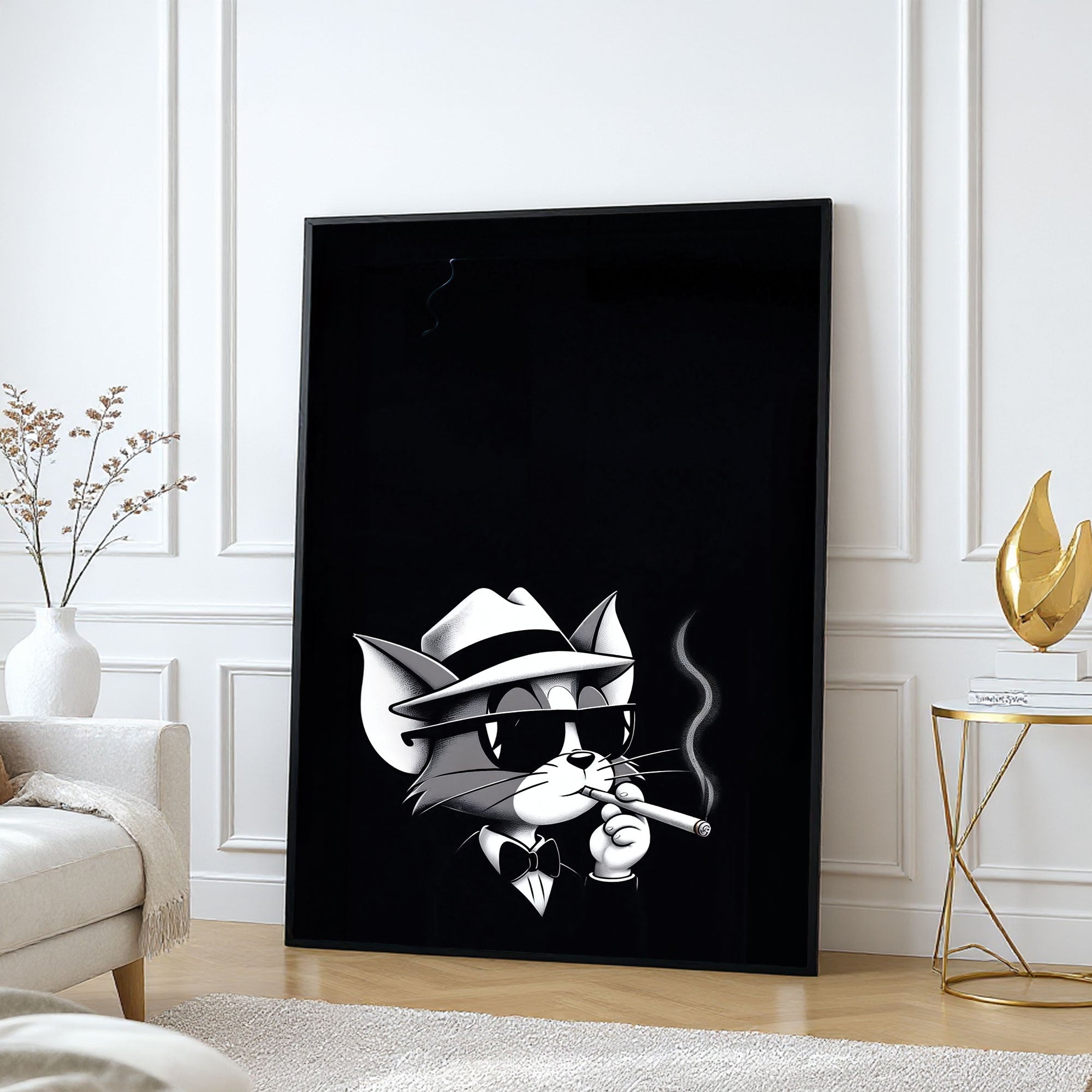 The Castle Decor Vintage Cartoon Mafia Cat Wall Art, Classic Black & White Gangster Style Artwork with Premium Sparkle Finish, 20×30 Inch Wall Décor for Man Cave