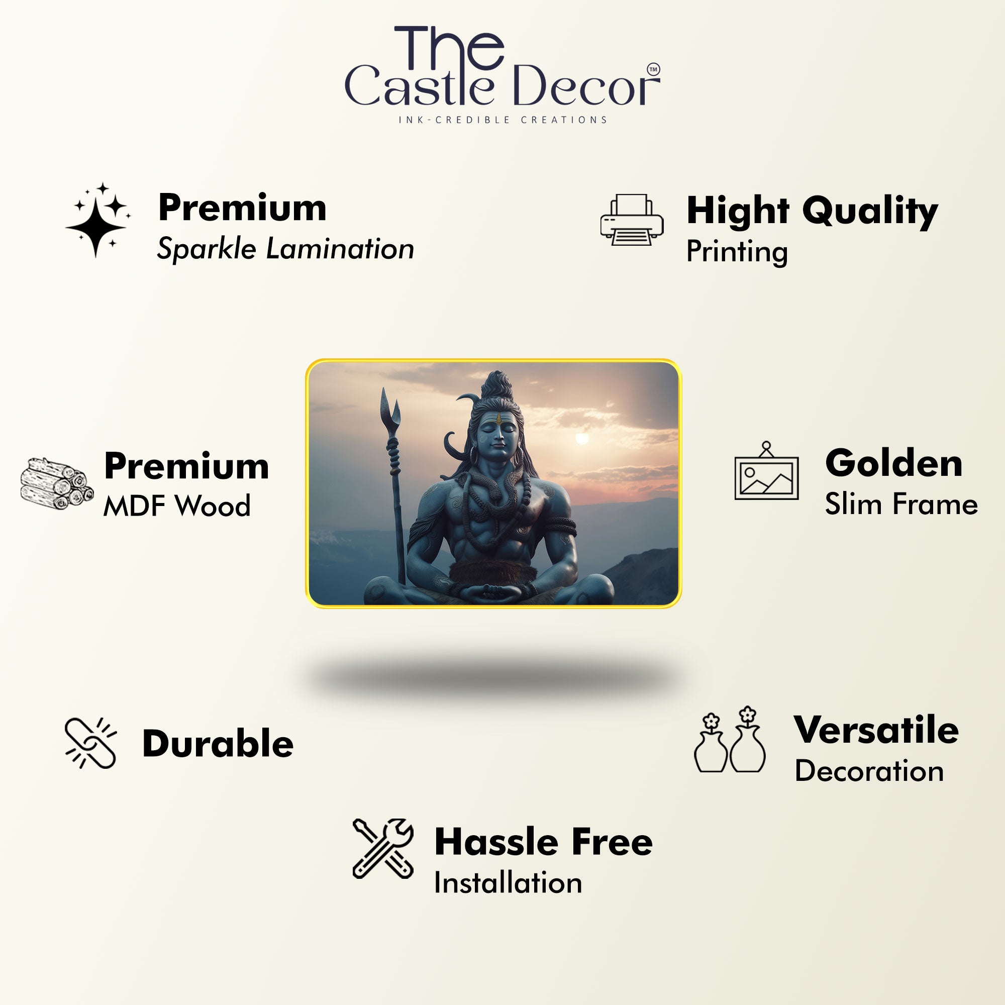 The Castle Decor Lord Shiva Wall Art Painting | Spiritual Wooden Frame for Home, Living Room, Office & Hotel Decoration