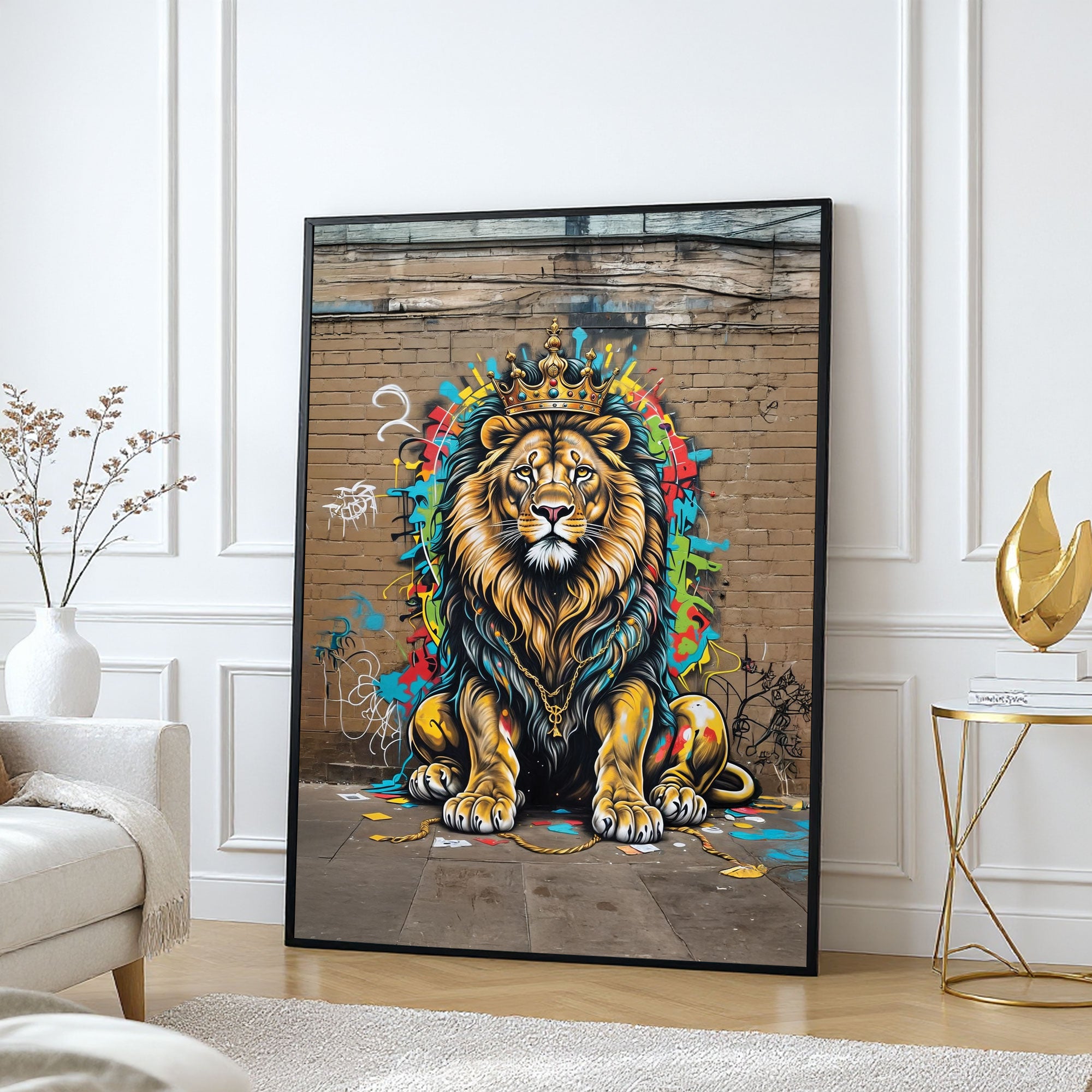 The Castle Decor Street Art Lion King Wall Art Poster, Graffiti Crowned Lion Abstract Artwork with Premium Sparkle Finish, 20×30 Inch Wall Décor for Studio & Office