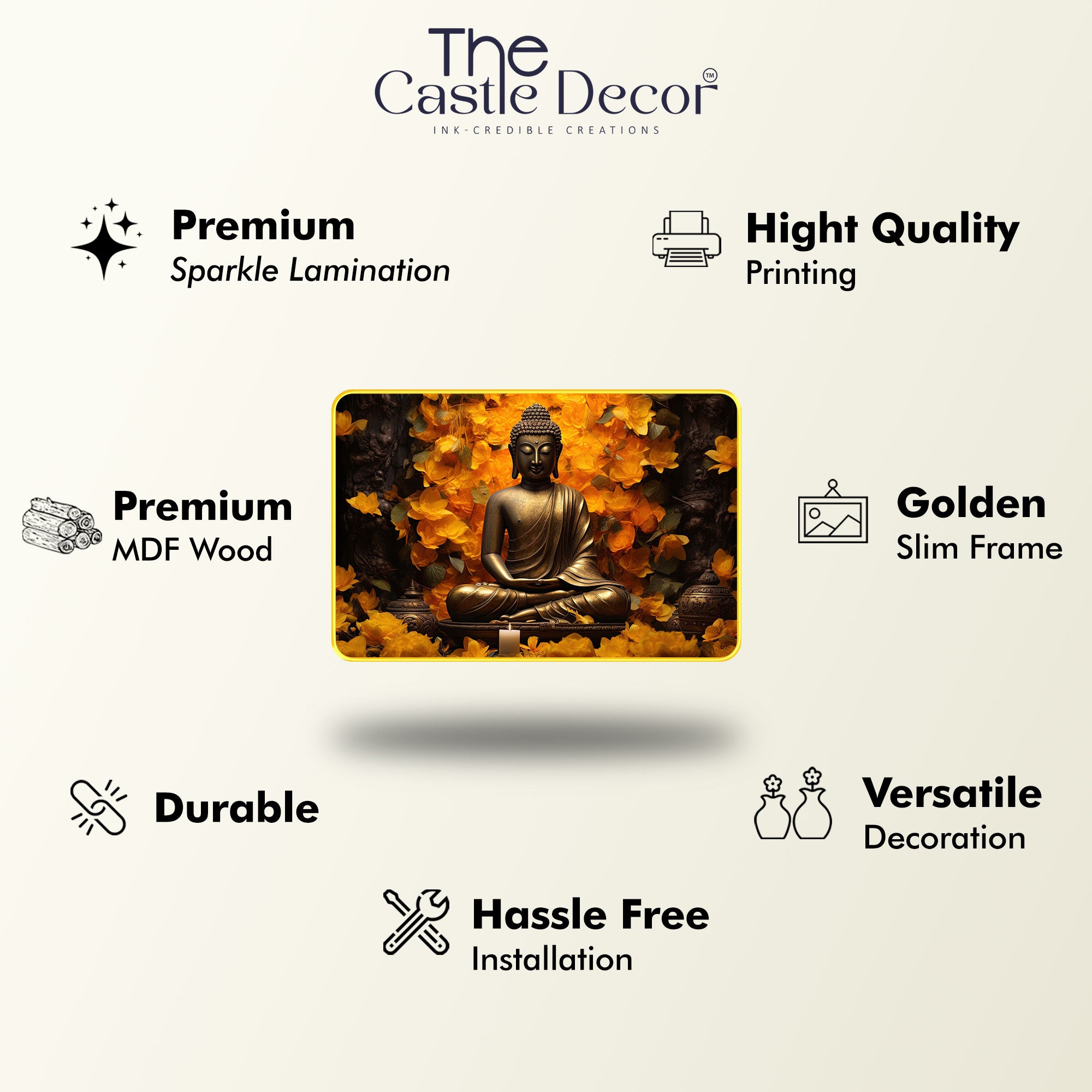 The Castle Decor Lord Buddha Wall Art Painting with Wooden Frame | Vastu Spiritual Meditation Décor for Living Room, Bedroom, Office & Hotel | Gift Option