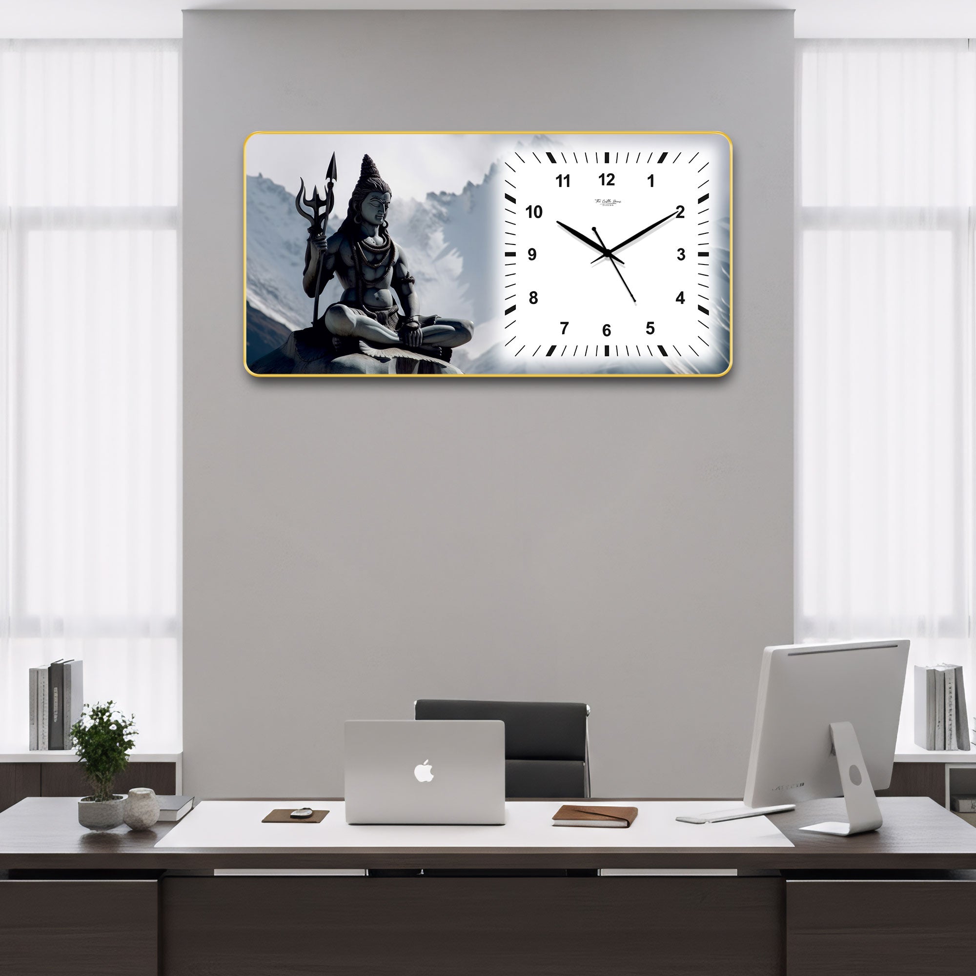The Castle Decor Lord Shiva Meditation Decorative Wall Clock 24x12 Inch, Silent Sweep Non-Ticking Modern Wall Clock with Golden Slim Frame