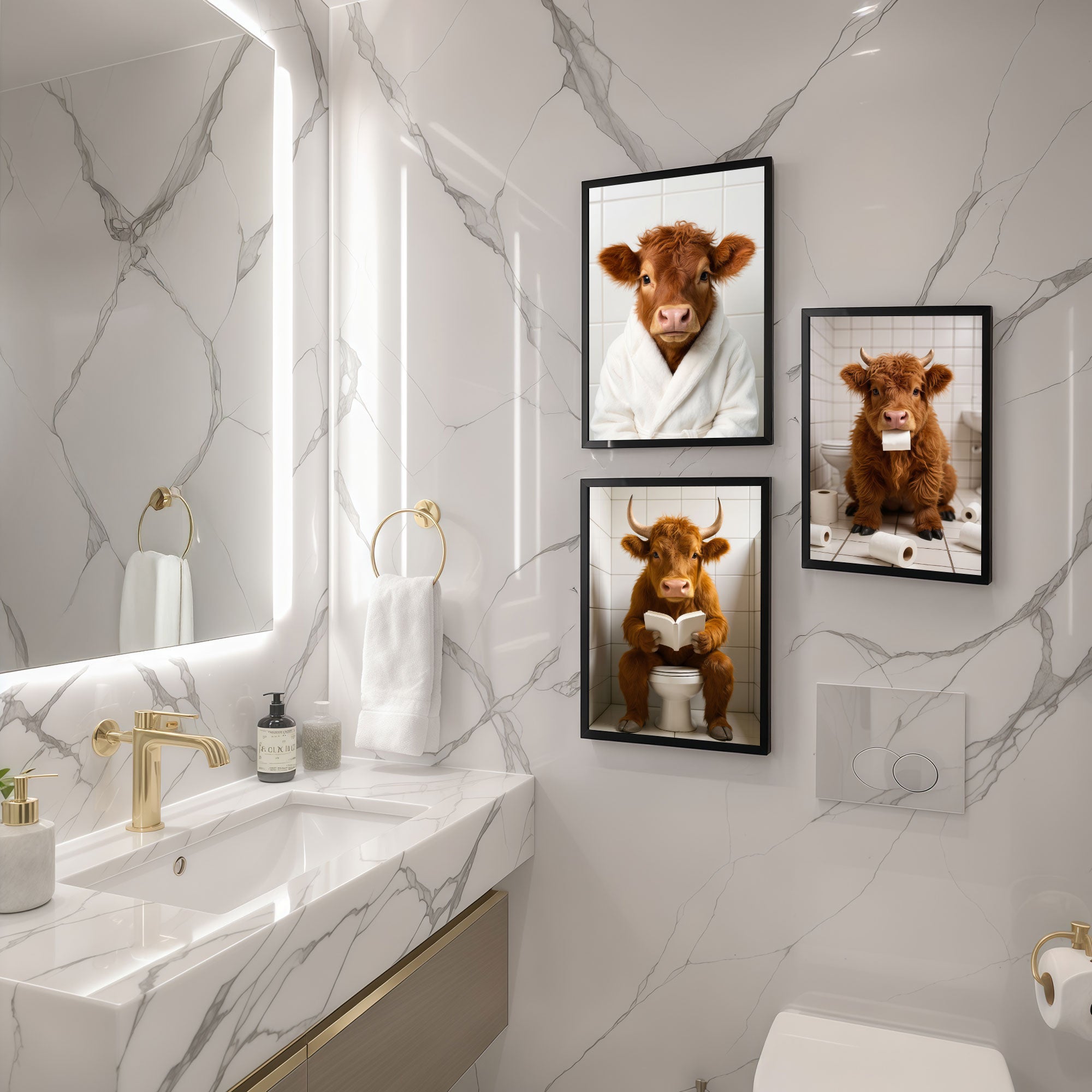 The Castle Decor Funny Highland Cow Bathroom Wall Art - 3 Piece Set (Bathrobe Cow, Toilet Reading Cow, Toilet Paper Cow) - Humorous Framed Prints