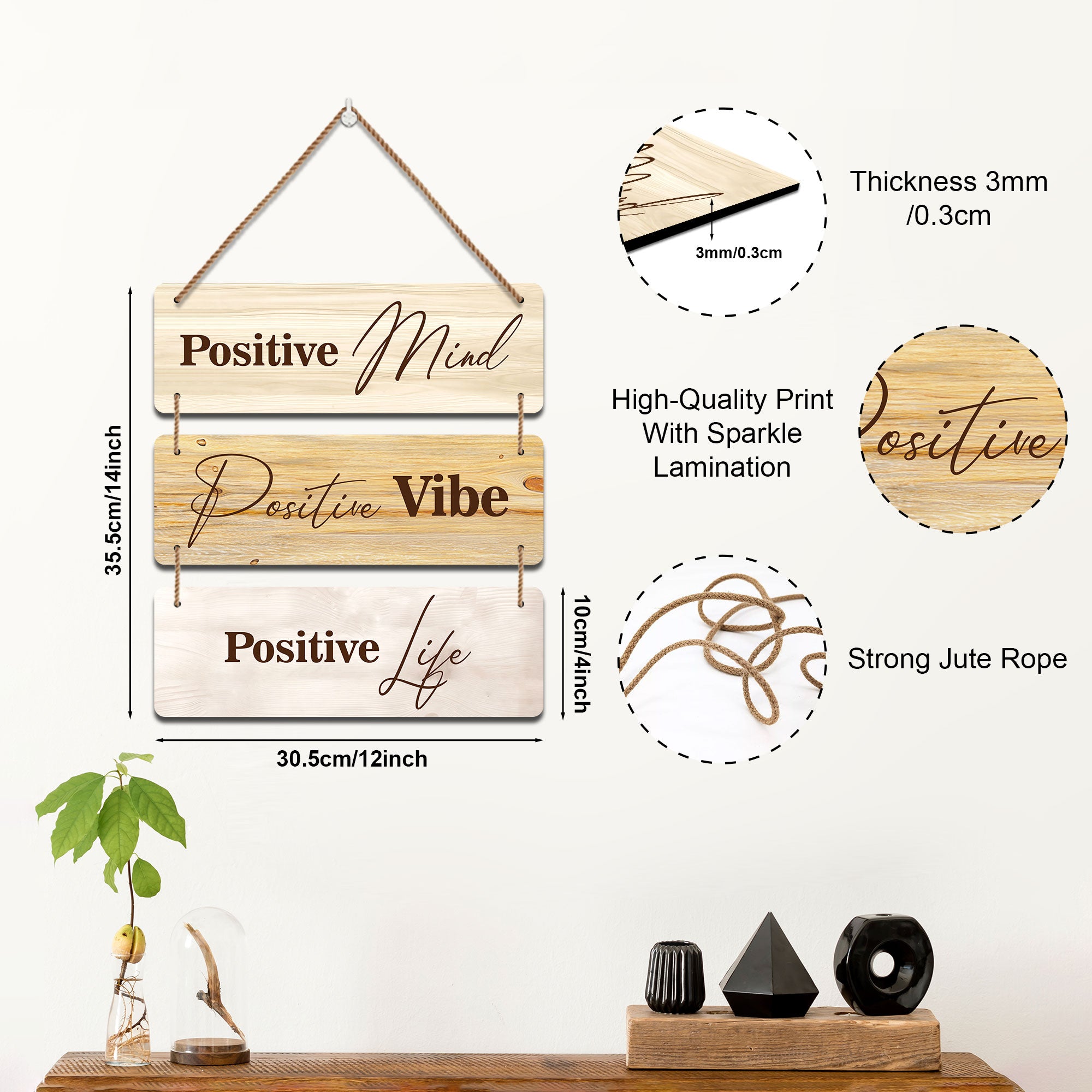 The Castle Decor Motivational Positive Quotes Wall Hanging Decor | “Positive Mind Positive Vibe Positive Life” Wooden Wall Plates for Home & Office