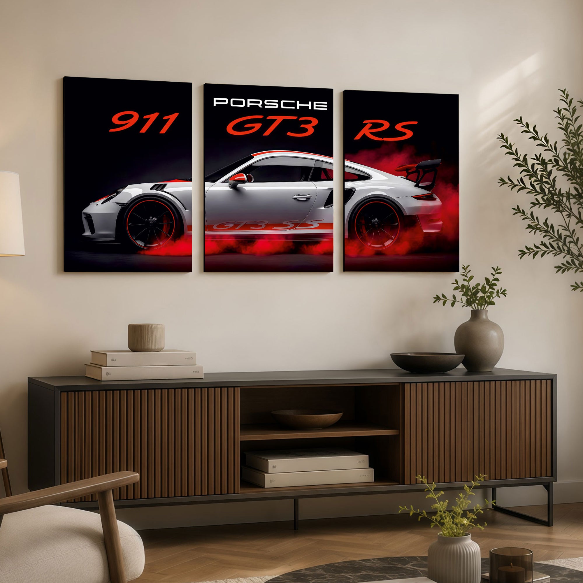 The Castle Decor Porsche 911 GT3 RS MDF Wall Art Set of 3 Sports Car Wall Painting for Bedroom, Gaming Room, Living Room & Office | Premium HD Printed Modern Wall Decor for Car Lovers
