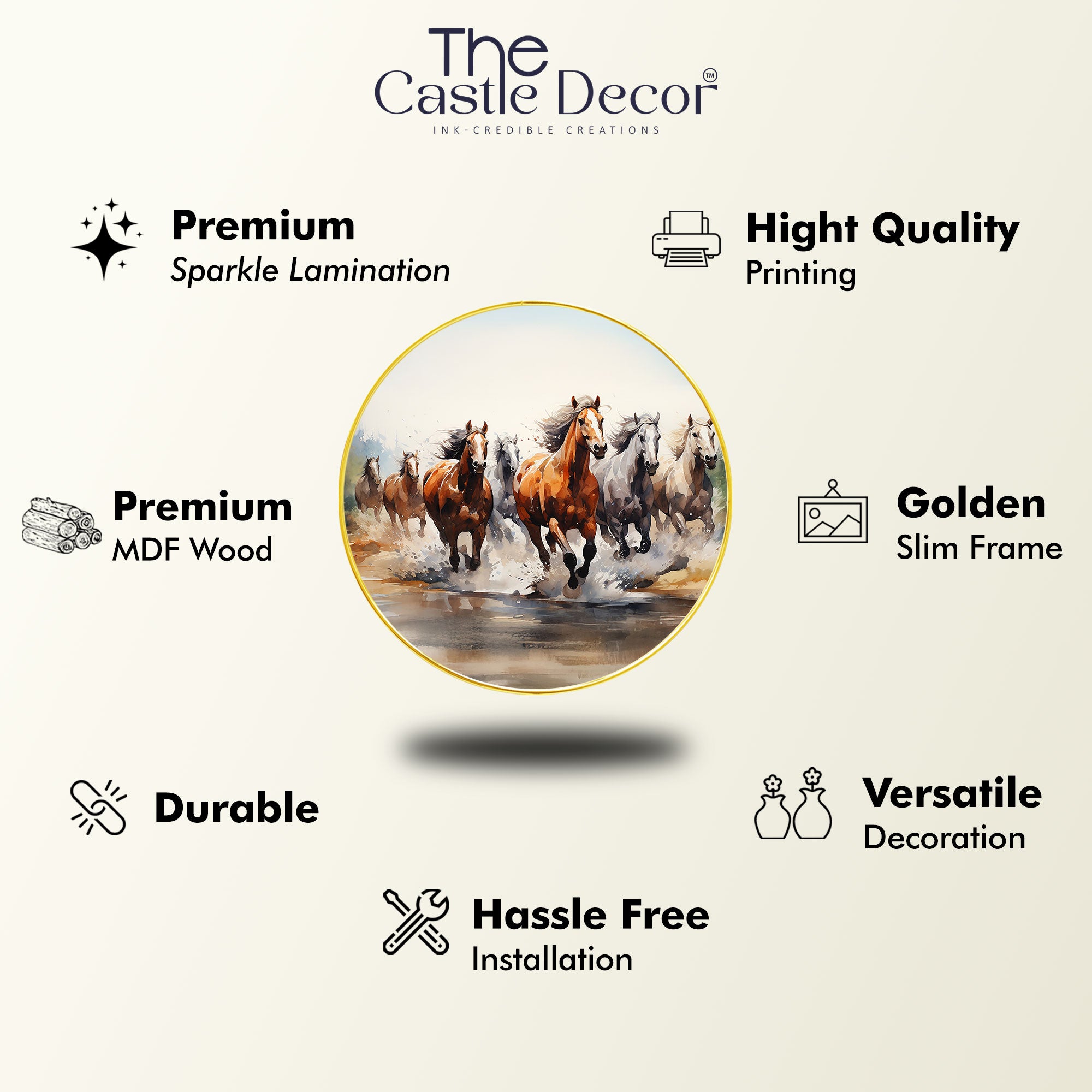 The Castle Decor 7 Running Horses Vastu Wall Art | Round Golden Frame Painting for Home, Hotel, Living Room, Office & Gift Décor