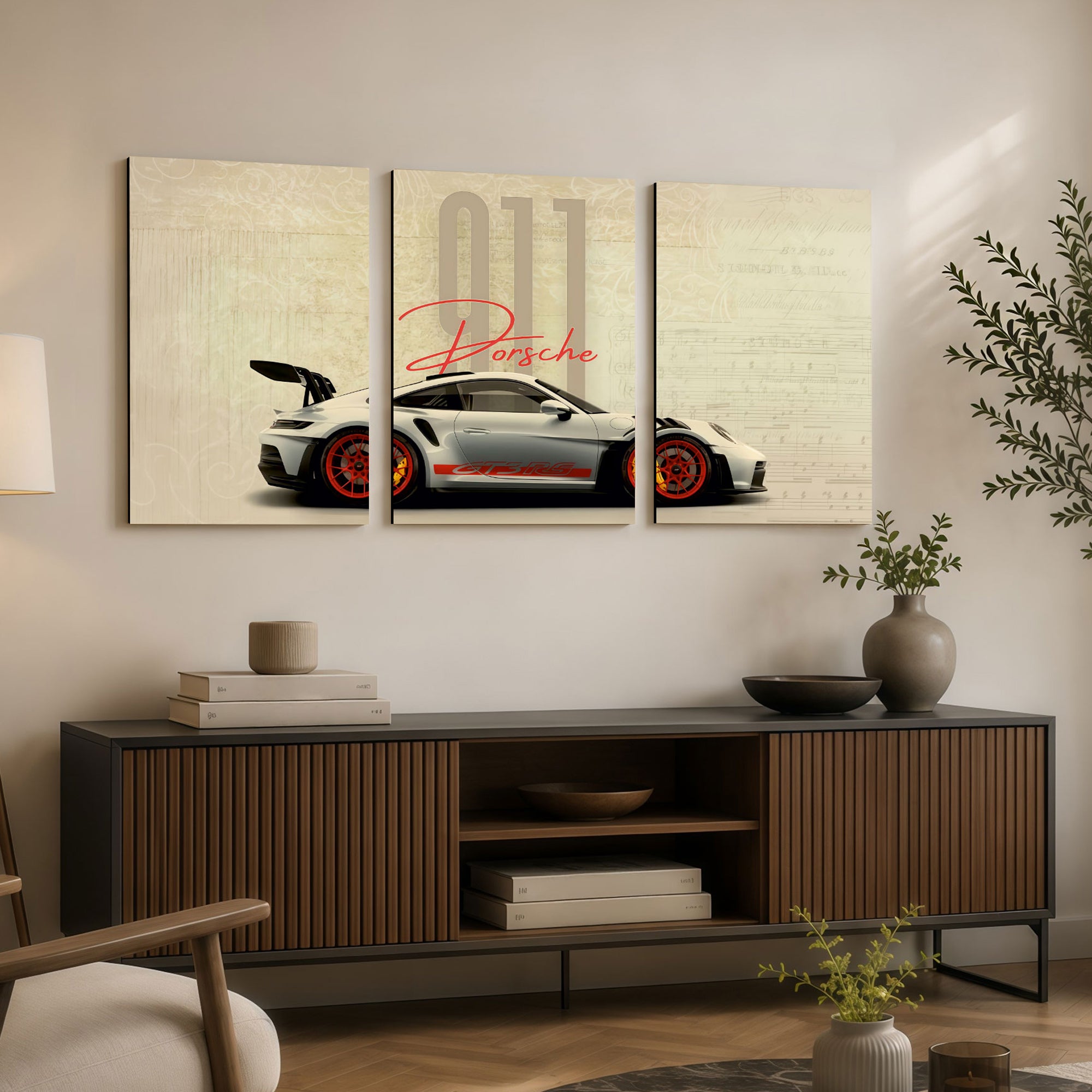 The Castle Decor Porsche 911 GT3 RS MDF Wall Art Set of 3 Luxury Sports Car Wall Decor for Bedroom Office Gaming Room Living Room Home Decoration
