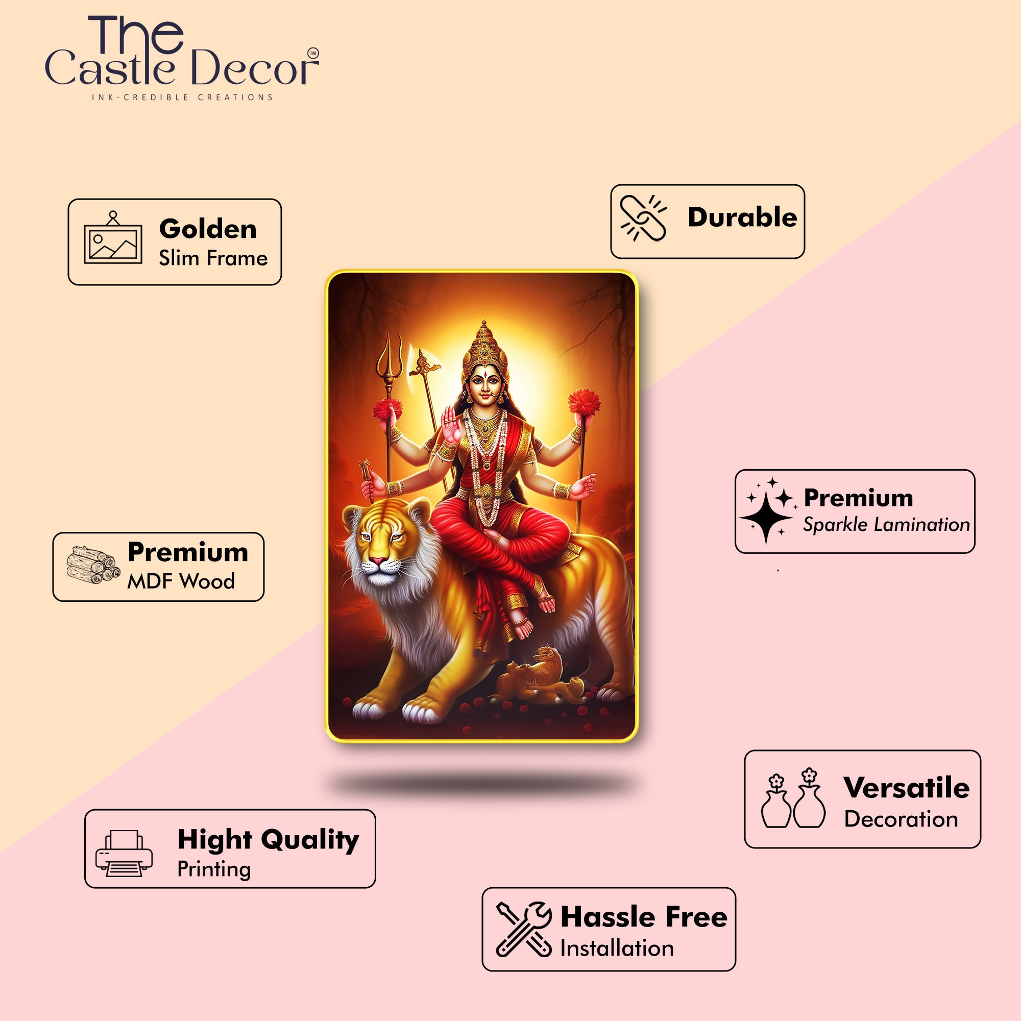 The Castle Decor Durga Maa Wall Hanging Photo Frame | Hindu Goddess Spiritual Wall Art for Home Temple, Living Room & Gifting