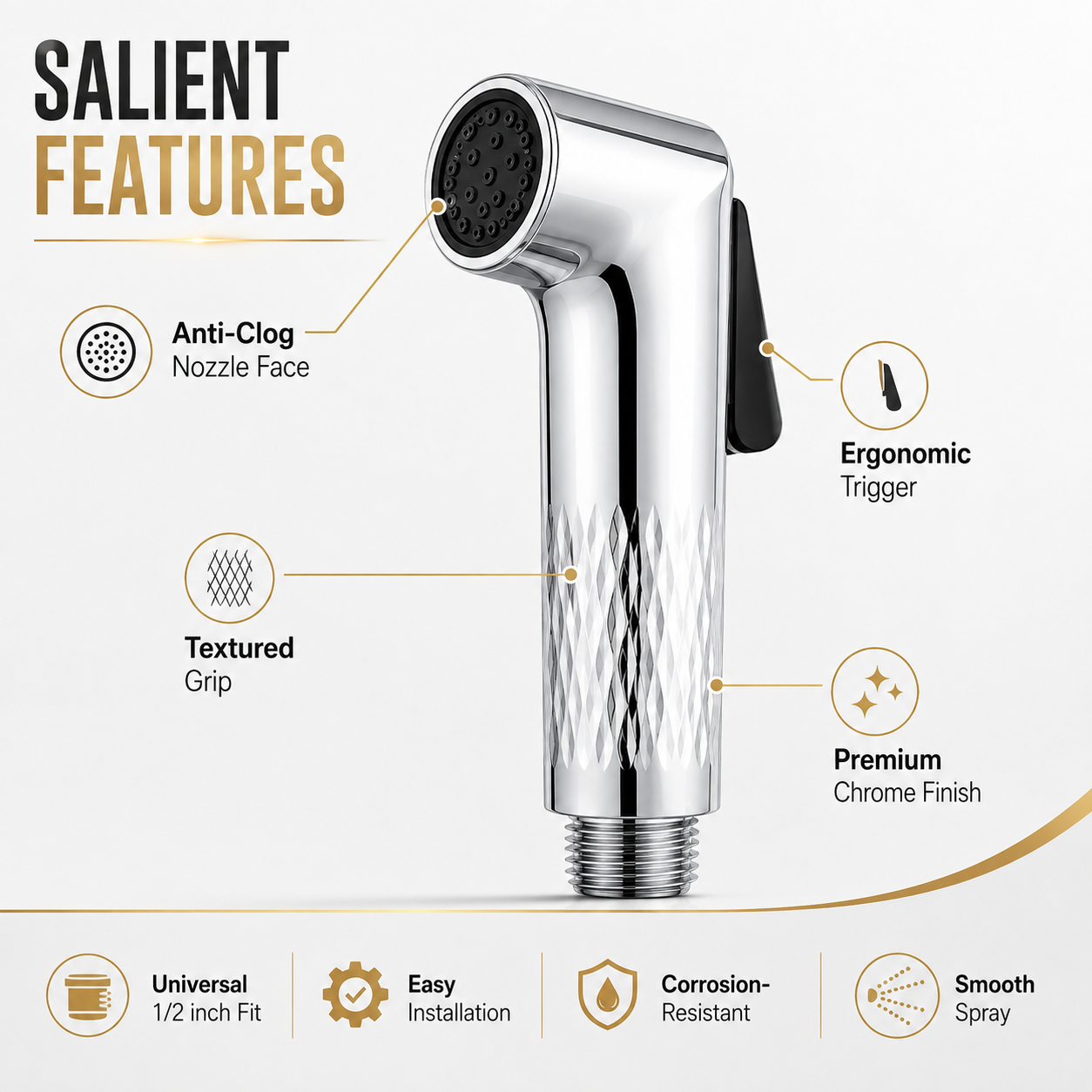 The Castle Decor Self-Cleaning Health Faucet Spray Gun | Anti-Clog Hand Bidet Sprayer with Smooth Powerful Spray, Ergonomic Trigger, Premium Chrome Finish & Universal 1/2 Inch Fit