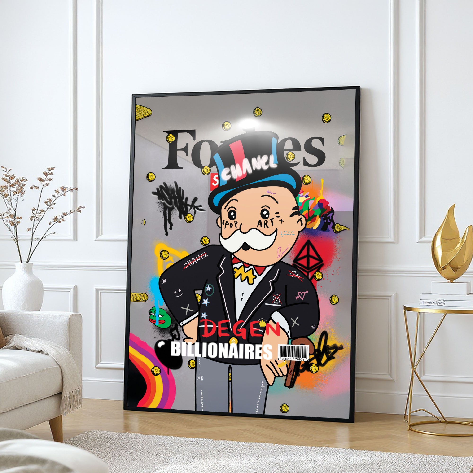 The Castle Decor Pop Art Billionaire Cartoon Wall Art, Luxury Monopoly Style Graffiti Artwork with Sparkle Finish, 20×30 Inch Wall Décor for Office & Man Cave