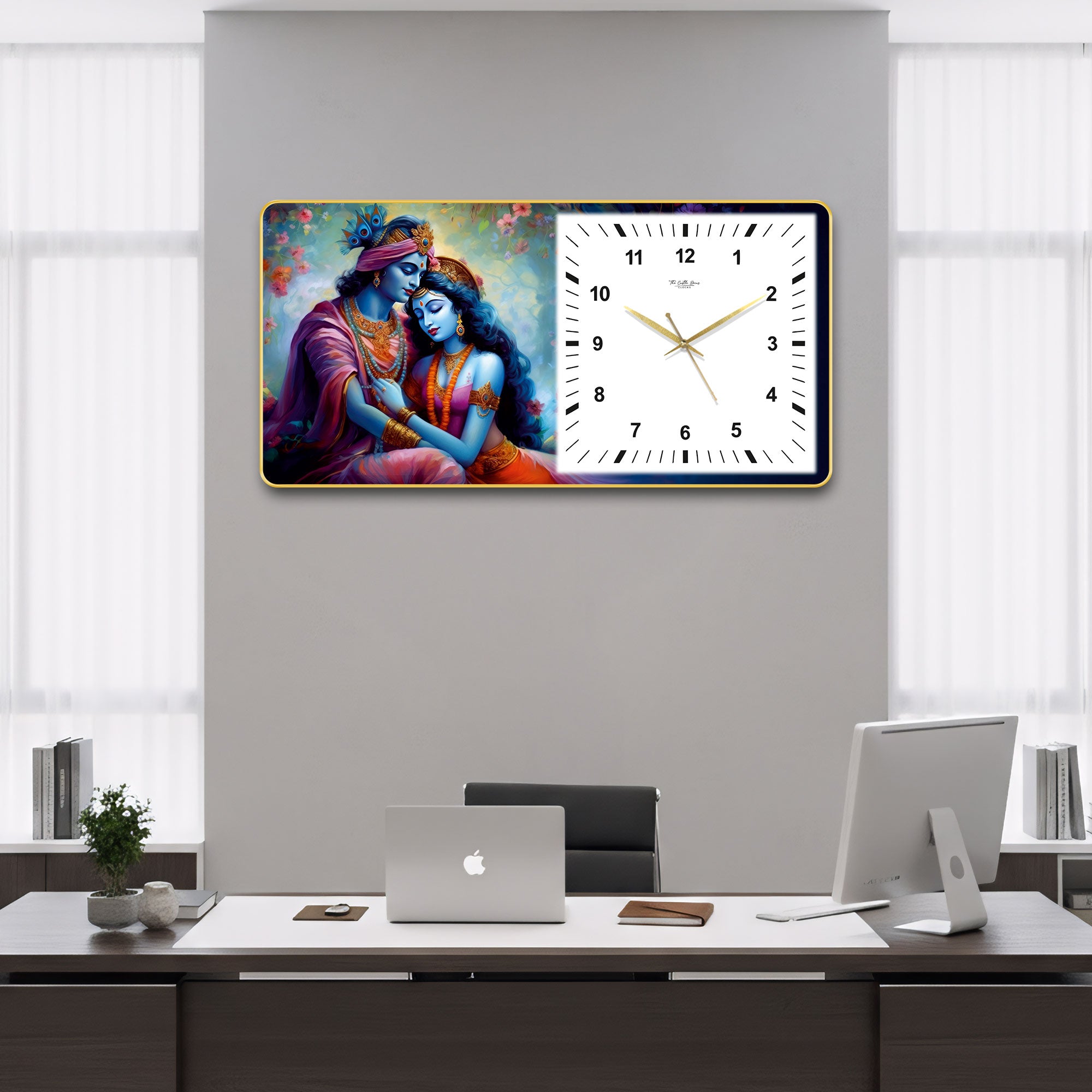 The Castle Decor Radha Krishna Decorative Wall Clock 24x12 Inch, Silent Sweep Non-Ticking Modern Wall Clock with Golden Slim Frame