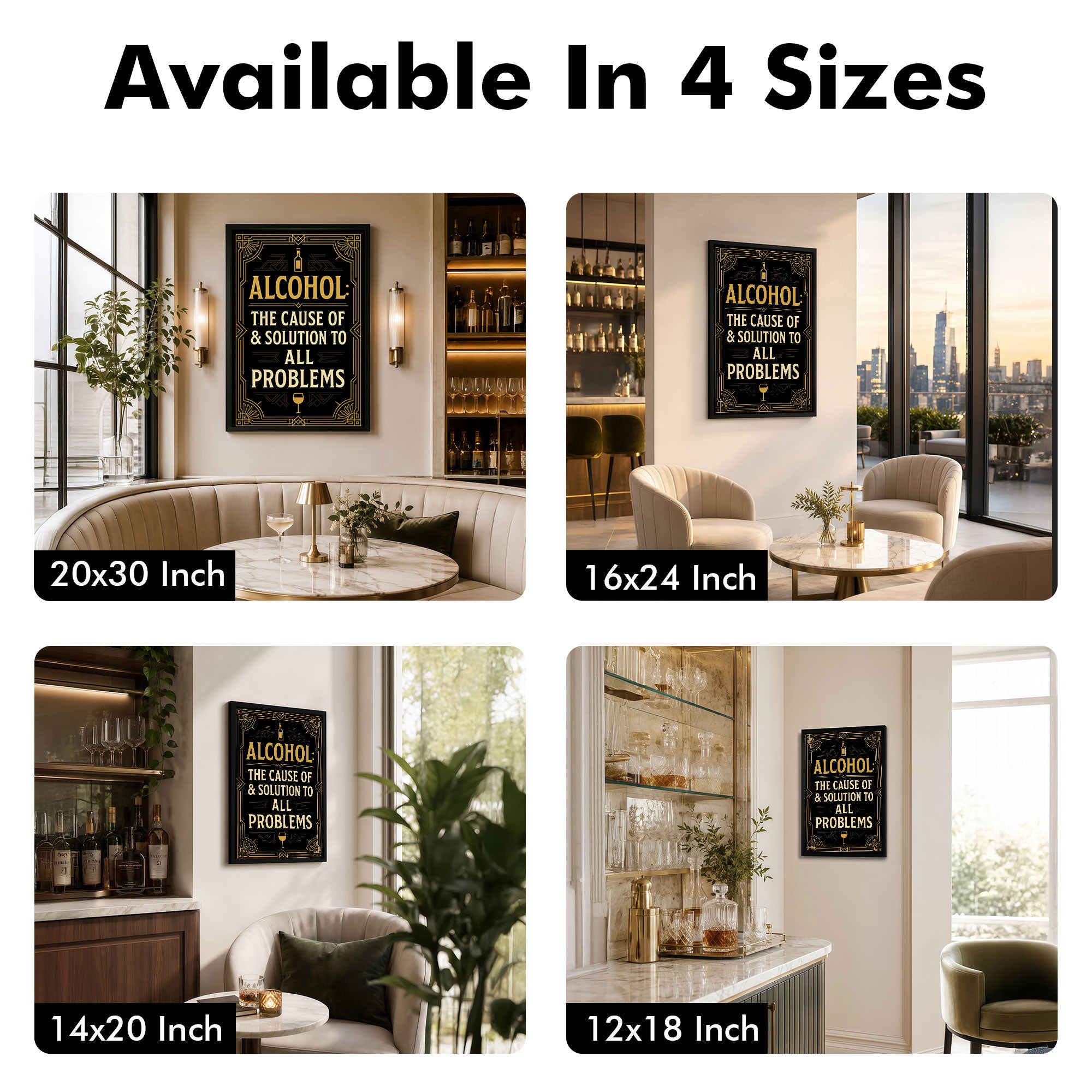 The Castle Decor Alcohol Quote Wall Poster – The Cause of & Solution to All Problems | Vintage Black Gold Bar Decor for Lounge & Pub