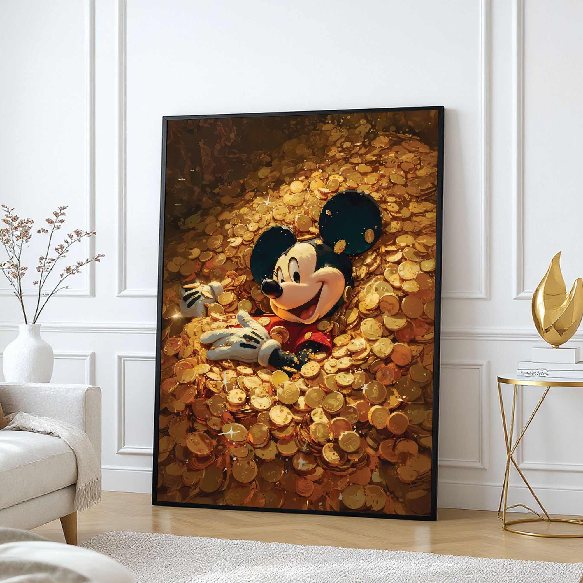 The Castle Decor Luxury Cartoon Wealth Wall Art, Gold Coin Fantasy Character Artwork with Premium Sparkle Finish, 20×30 Inch Wall Décor for Man Cave