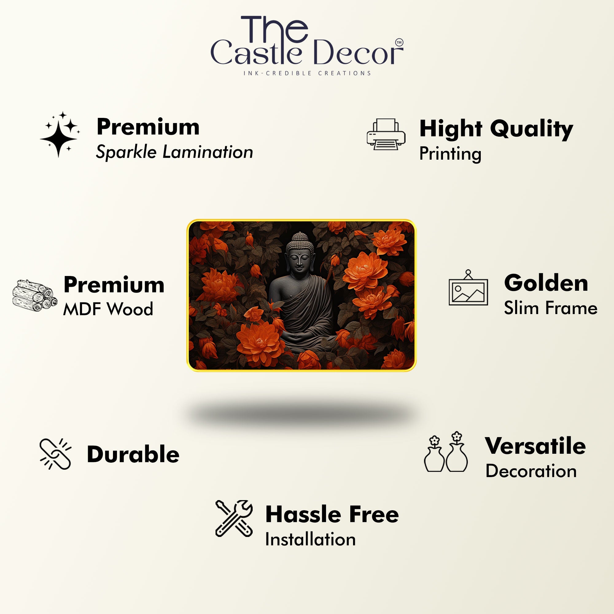 The Castle Decor Lord Buddha Wall Art Painting with Wooden Frame | Vastu Spiritual Meditation Décor for Living Room, Bedroom, Office & Hotel | Gift Option