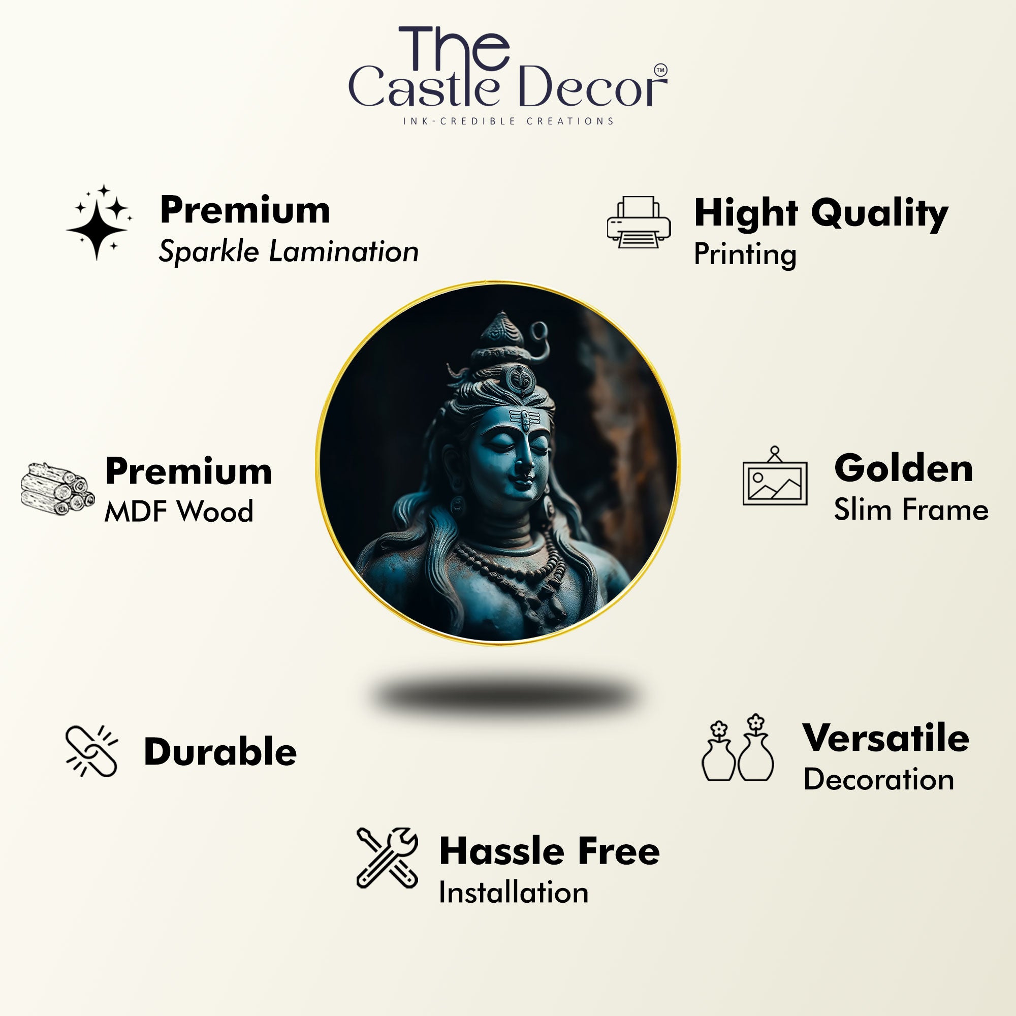 The Castle Decor Lord Shiva Ji Wall Art Painting | Round Frame Spiritual Wall Hanging for Home Decoration, Living Room, Office & Gift Purpose