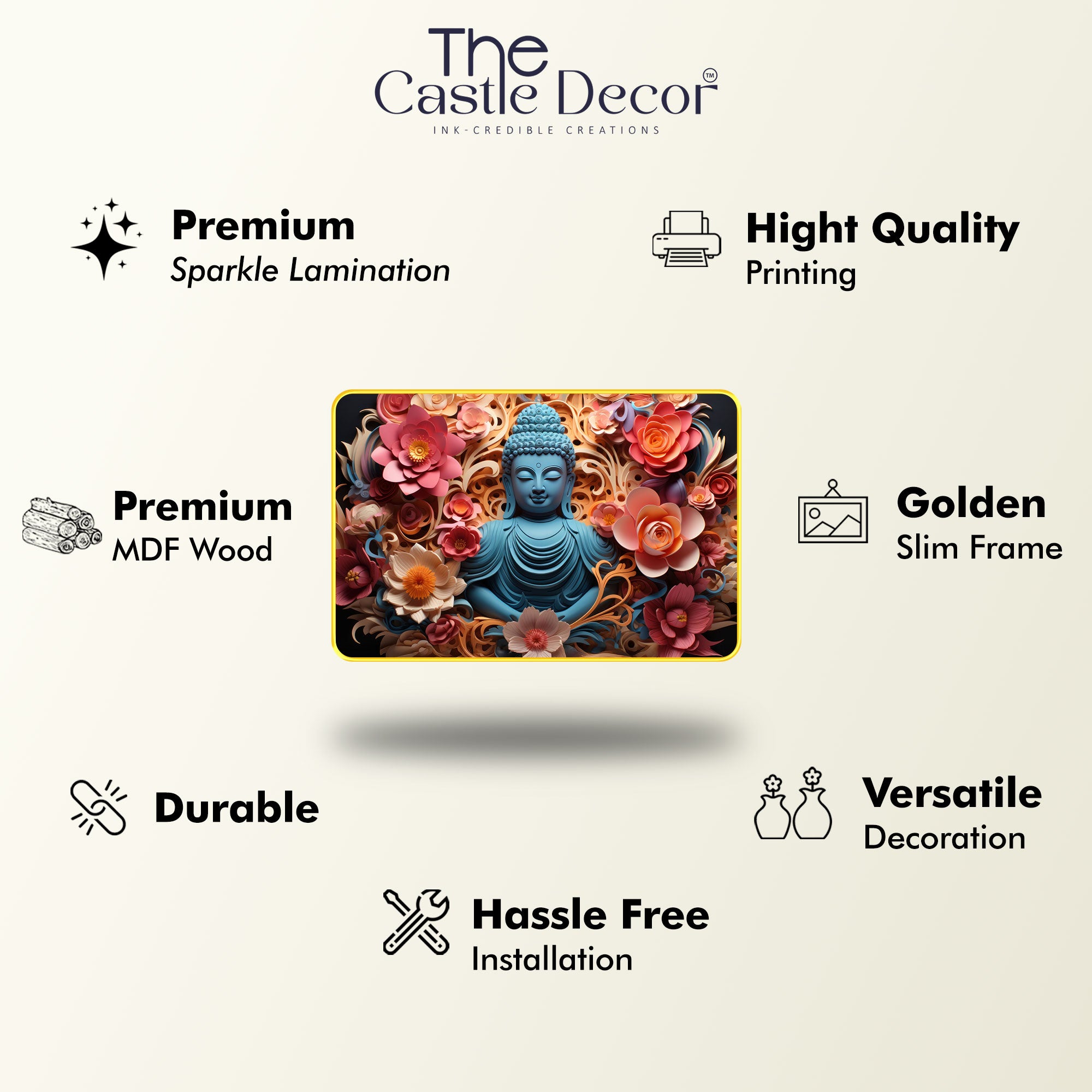 The Castle Decor Lord Buddha Wall Art Painting with Wooden Frame | Vastu Spiritual Meditation Décor for Living Room, Bedroom, Office & Hotel | Gift Option