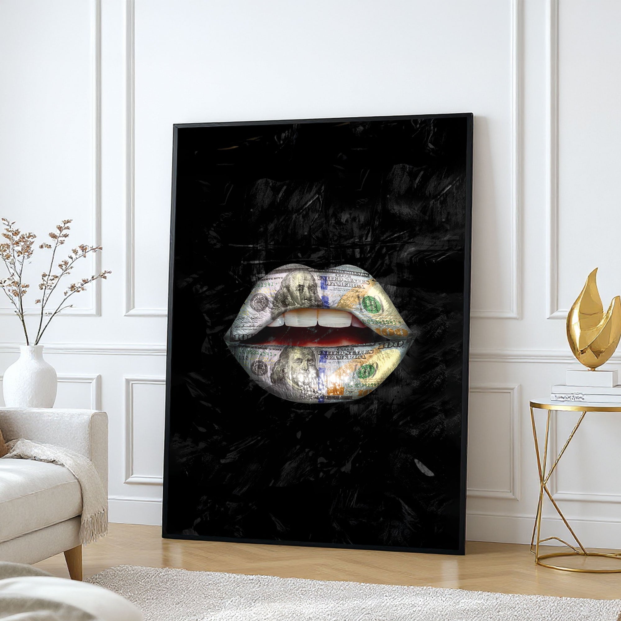The Castle Decor Money Lips Wall Art – Abstract Dollar Pop Art Artwork, Modern Luxury Sparkle Finish Wall Décor, 20×30 Inch for Home & Office