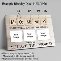Customizable Mommy Photo Frame Wall Art, Scrabble Letter Design with 3 Photo Slots, You Are The World Quote, 36x24 Inch, Personalized Mother's Day Gift
