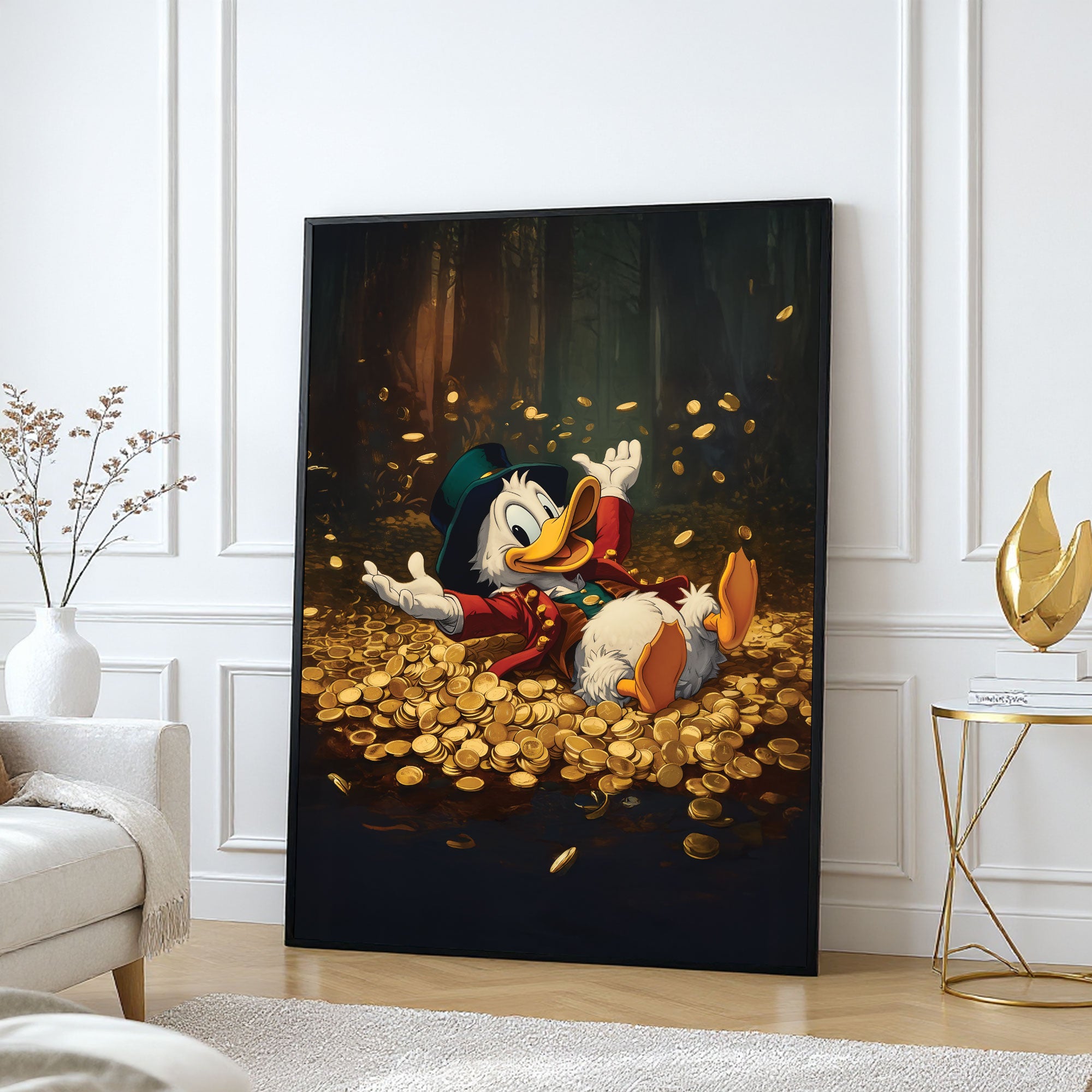 The Castle Decor Cartoon Millionaire Duck Wall Art, Gold Coin Celebration Fantasy Artwork with Premium Sparkle Finish, 20×30 Inch Wall Décor for Kids Room