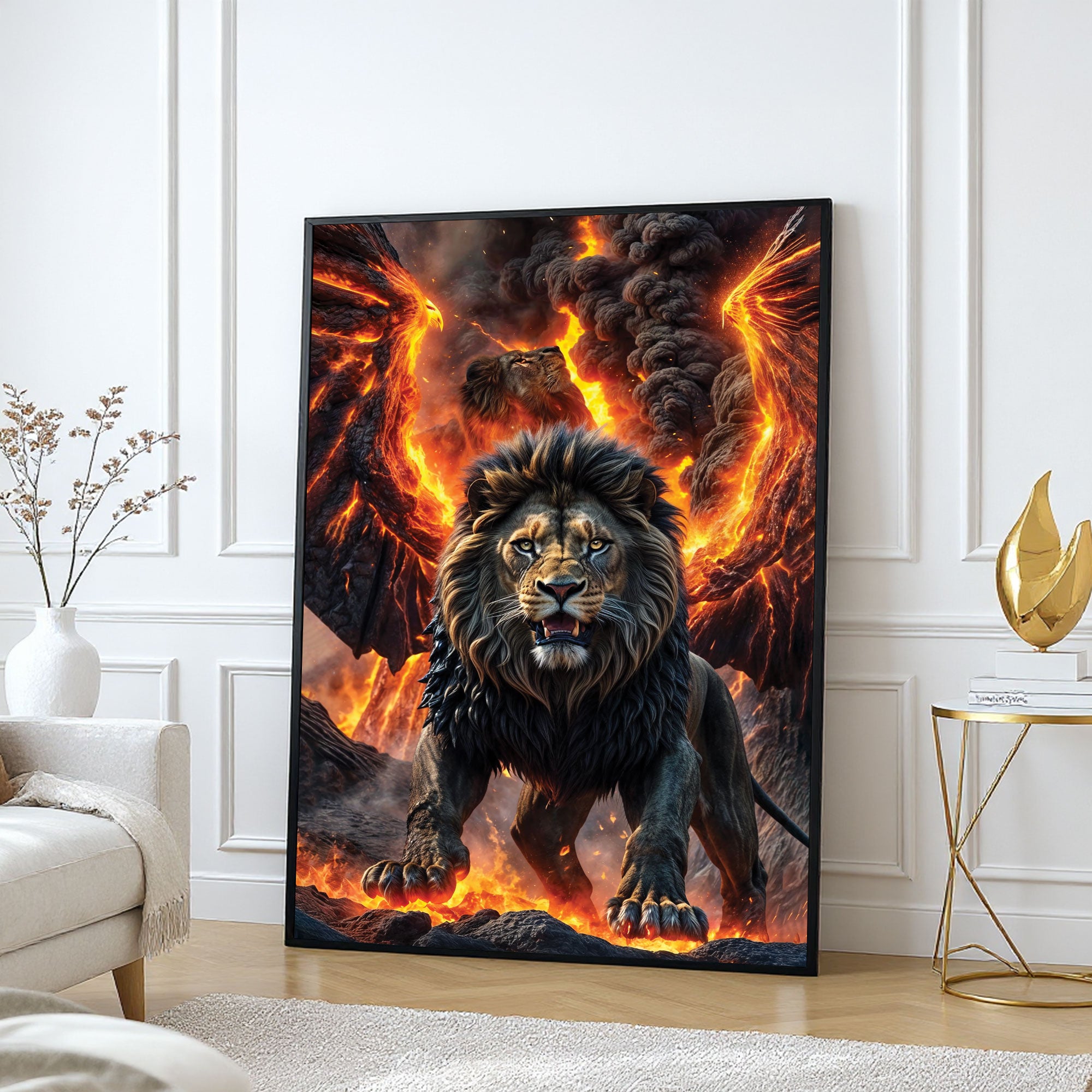 The Castle Decor Fire Lion Power Wall Art Poster, Fierce Wildlife Fantasy Artwork with Premium Sparkle Finish, 20×30 Inch Wall Décor for Living Room & Office