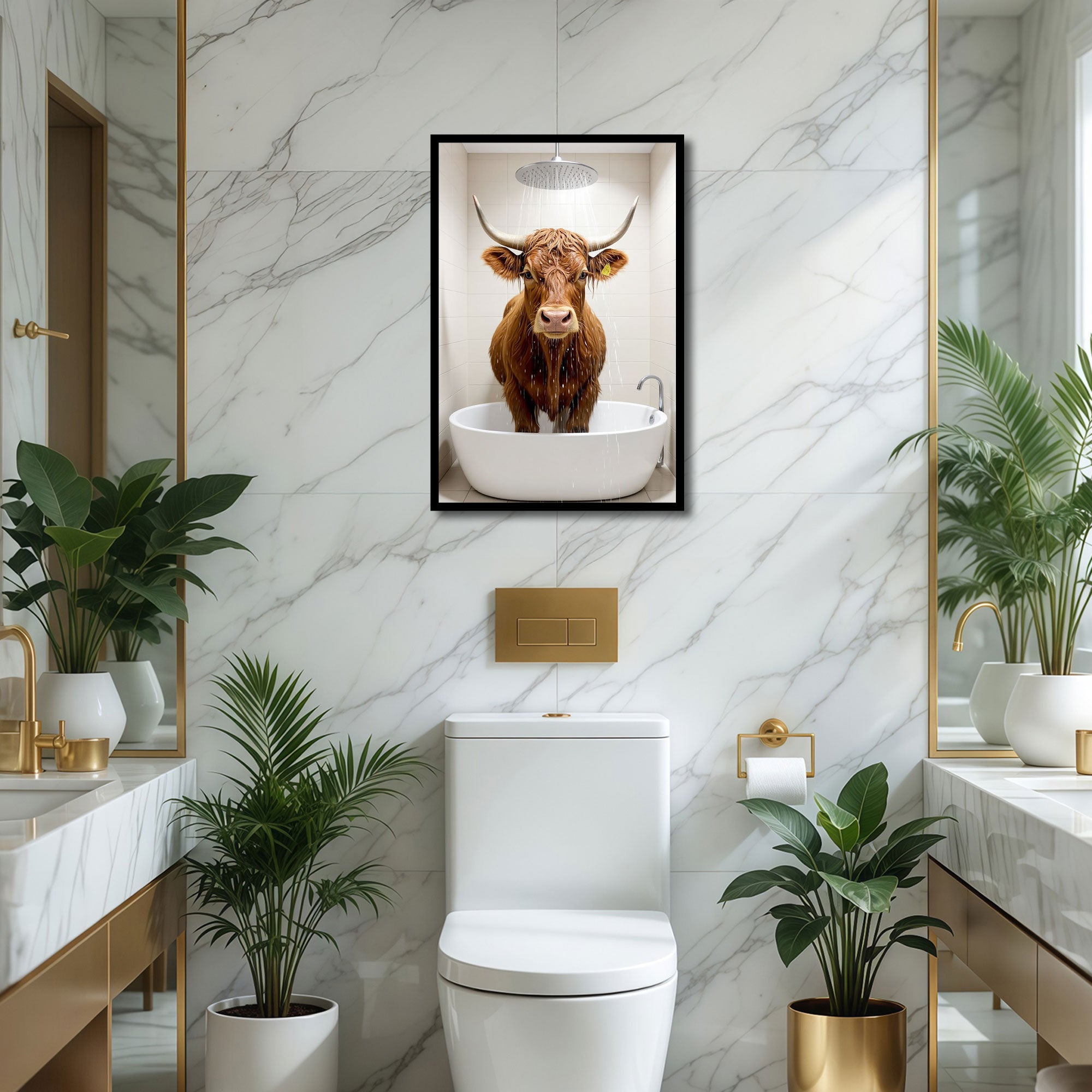 The Castle Decor Funny Highland Cow taking a Shower Framed Wall Art – Cute Fluffy Bull in Bathtub under Shower Head Framed Poster, Rustic Farmhouse Bathroom Decor