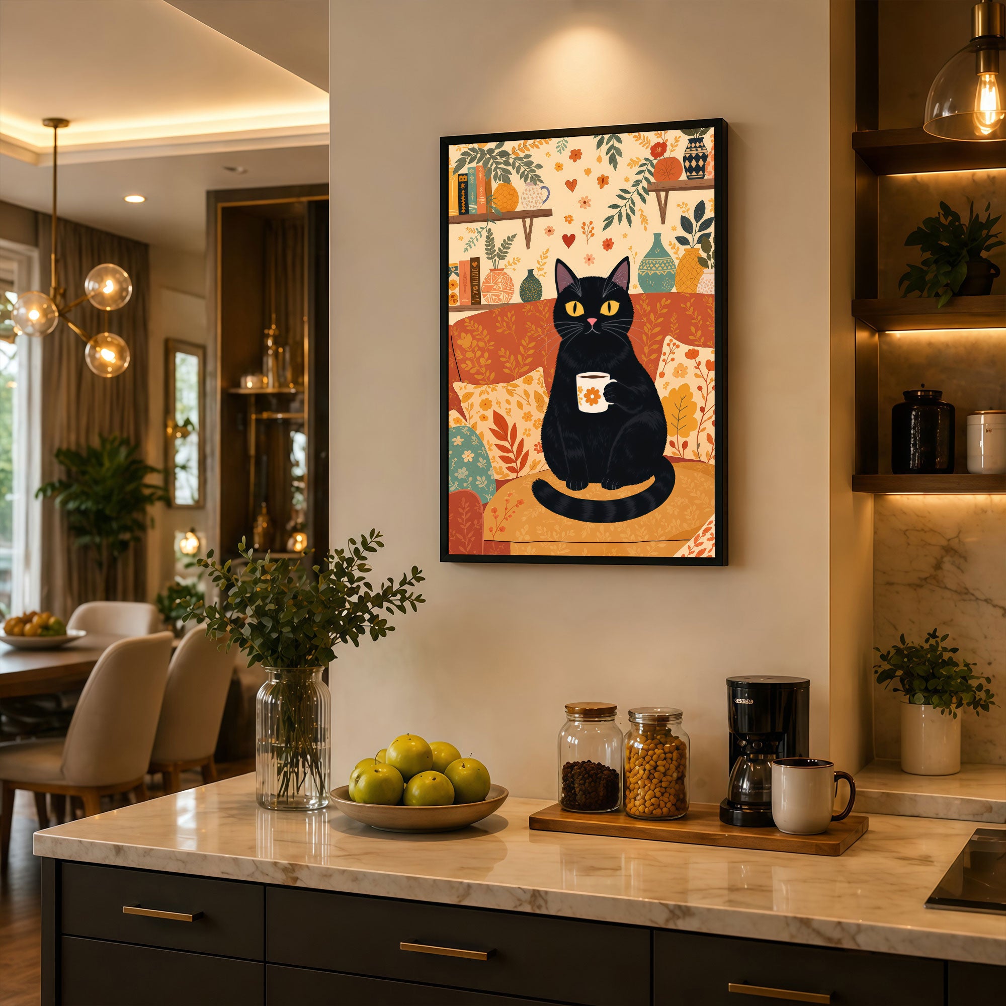 The Castle Decor Cute Black Cat Coffee Wall Art Frame | Cozy Kitchen & Dining Decor | Sparkle Finish MDF Painting with Premium Fiber Frame for Home