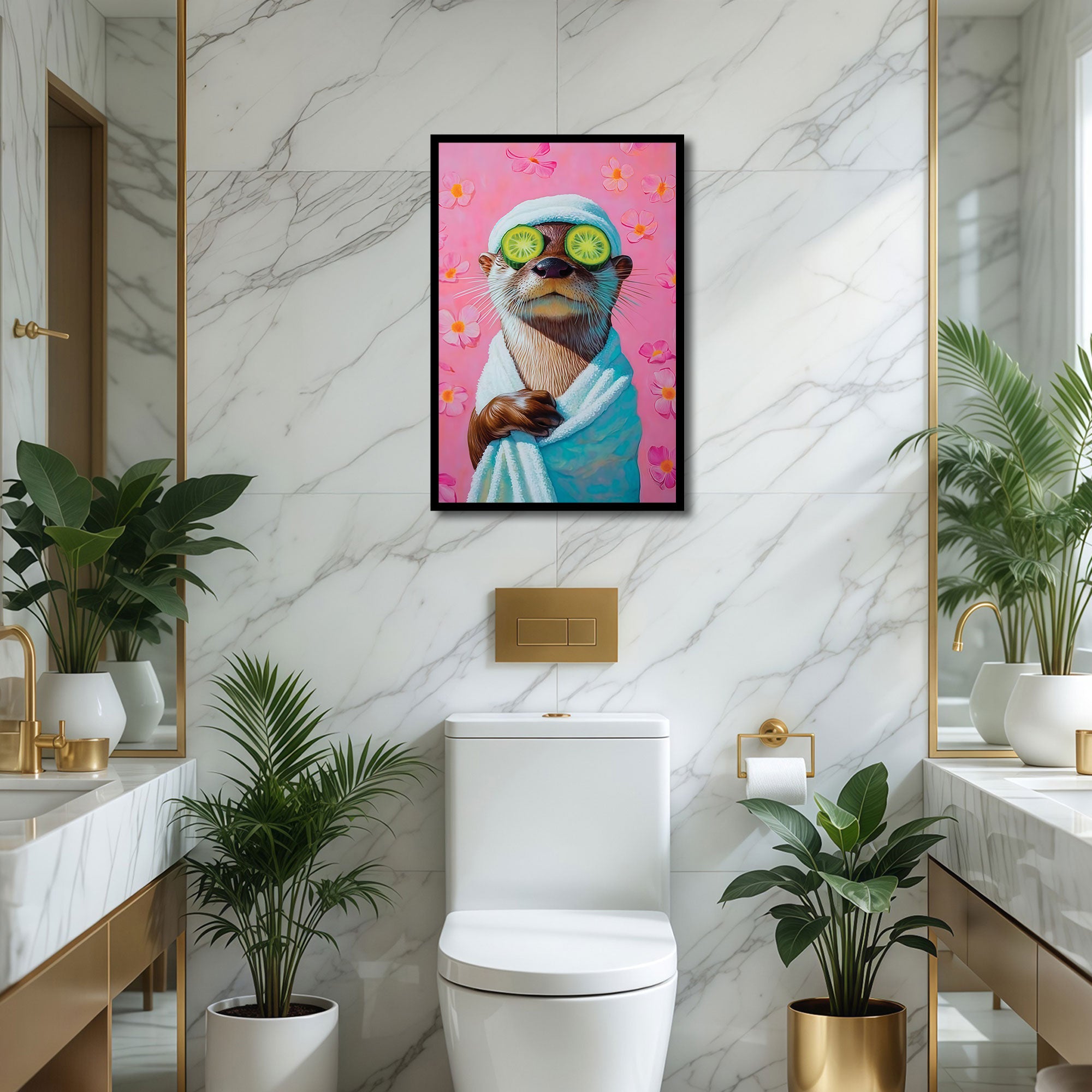 The Castle Decor Cute Spa Otter Wellness Bathroom Framed Wall Art – Funny Animal wrapped in Towel with Cucumbers Framed Poster, Quirky Pink Restroom Decor, Relatable Self Care Art