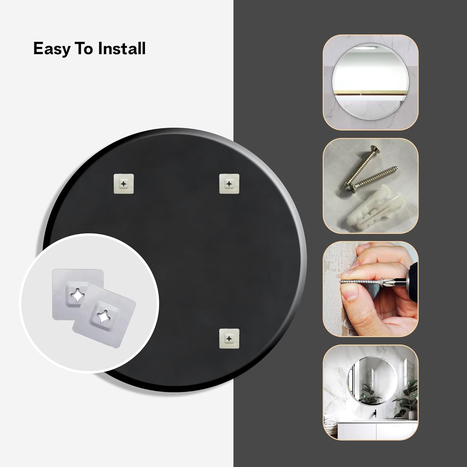 The Castle Decor Round Glass Mirror for Bathroom Wall, Frameless 5mm Silver Glass Mirror with Beveled Edges, 24x24 Inch