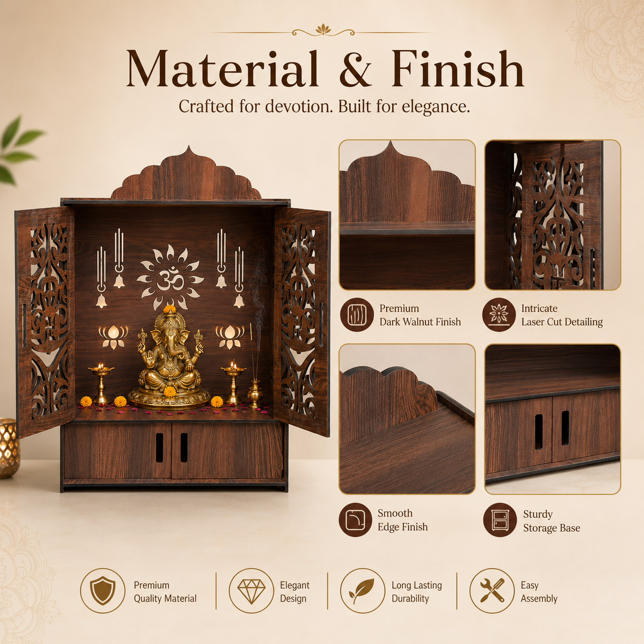 The Castle Decor Wooden Mandir for Home, Wall Hanging & Tabletop Pooja Temple with Double Doors, Om & Lotus Cutwork, Storage Cabinet, Dark Walnut MDF for Pooja Room, 16.5 x 24.5 x 10.5 Inch
