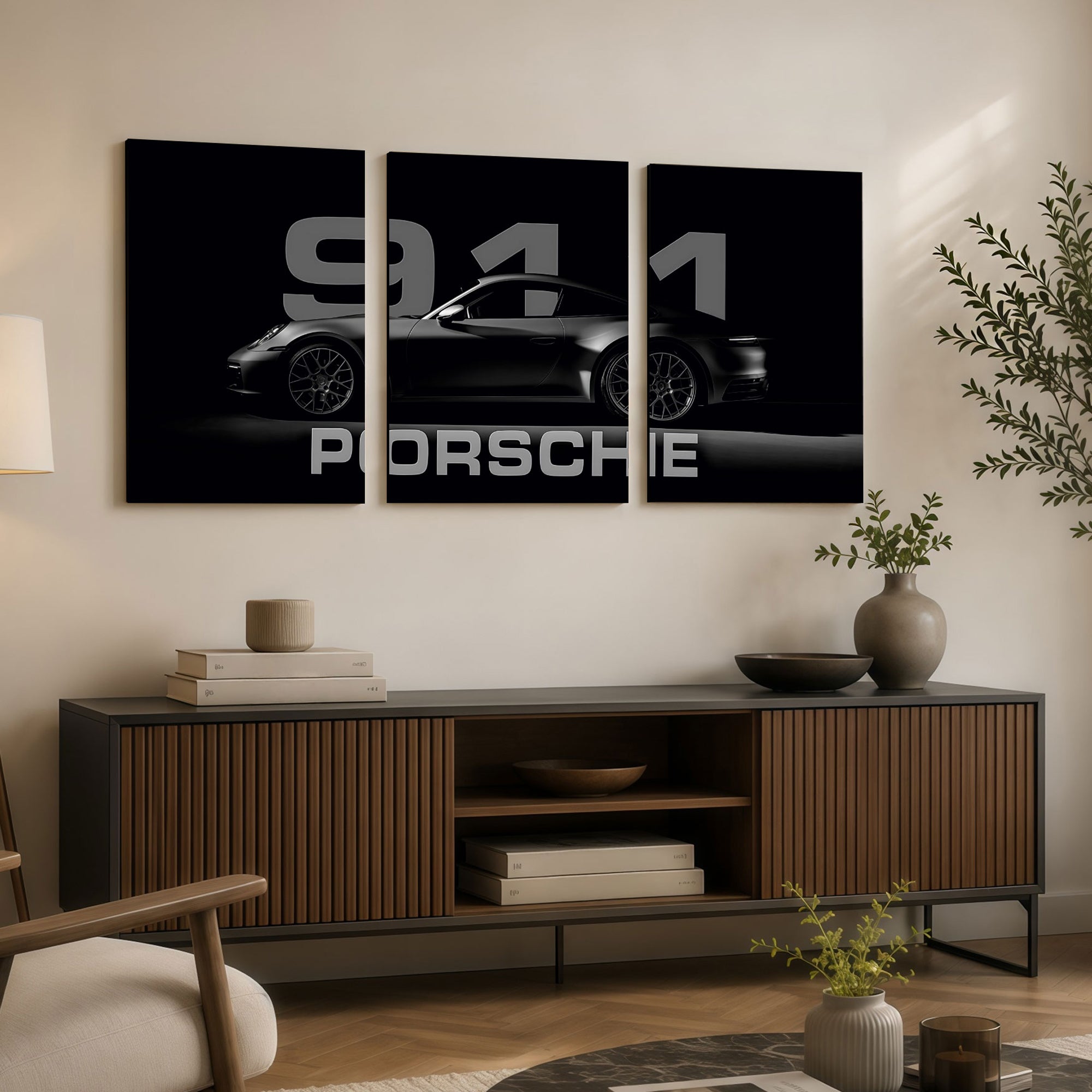 The Castle Decor Porsche 911 Wall Art 3 Panel Painting for Living Room Bedroom Gaming Room Luxury Sports Car Poster Modern Black Car Wall Decor Artwork