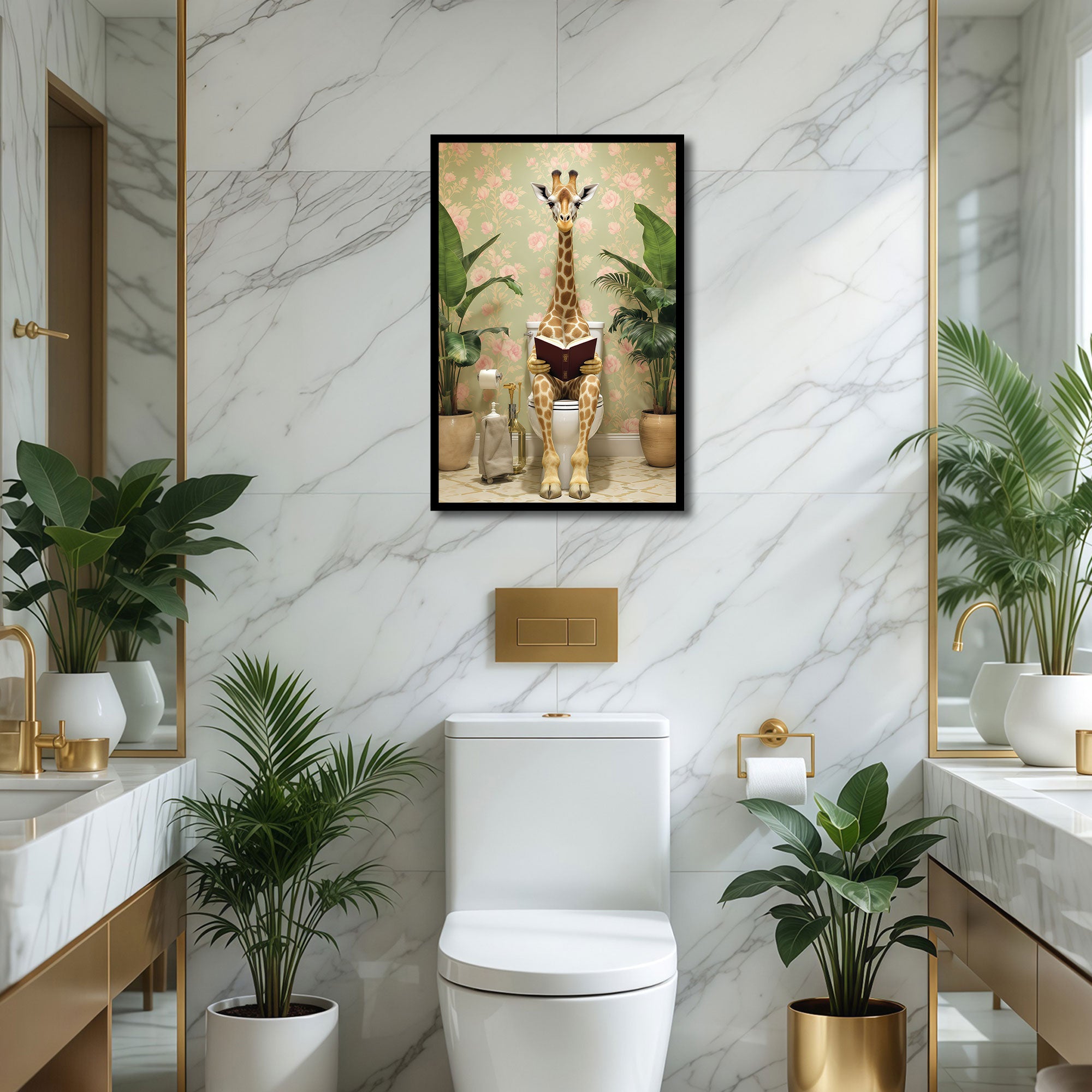 The Castle Decor Funny Giraffe Bathroom Wall Art | Animal Reading on Toilet Framed Poster | Quirky Washroom Decor | Modern Funny Bathroom Painting
