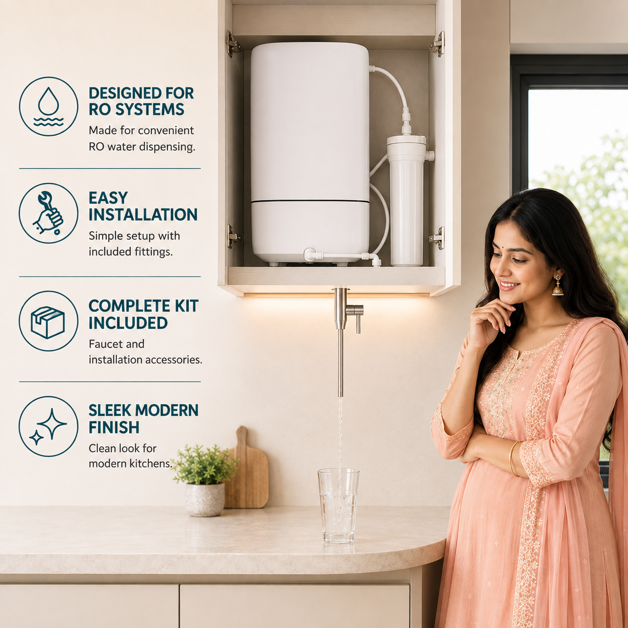 **The Castle Decor Stainless Steel RO Water Purifier Faucet with Complete Installation Kit, Smooth 90° Lever Control, RO Pipe, Quick Connectors, Mounting Accessories & Brushed Finish for Kitchen Drinking Water System**